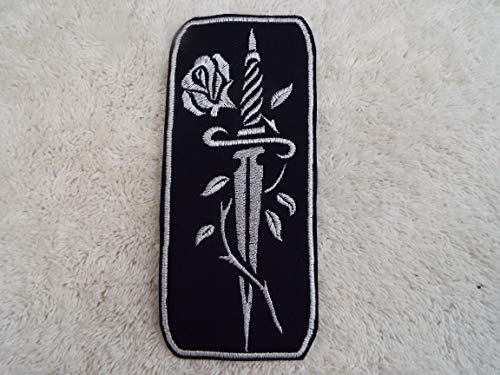 White Rose Black Embroidered Iron-on Patch for Knives, Daggers & Swords - Perfect for Costumes, Cosplay & DIY Projects