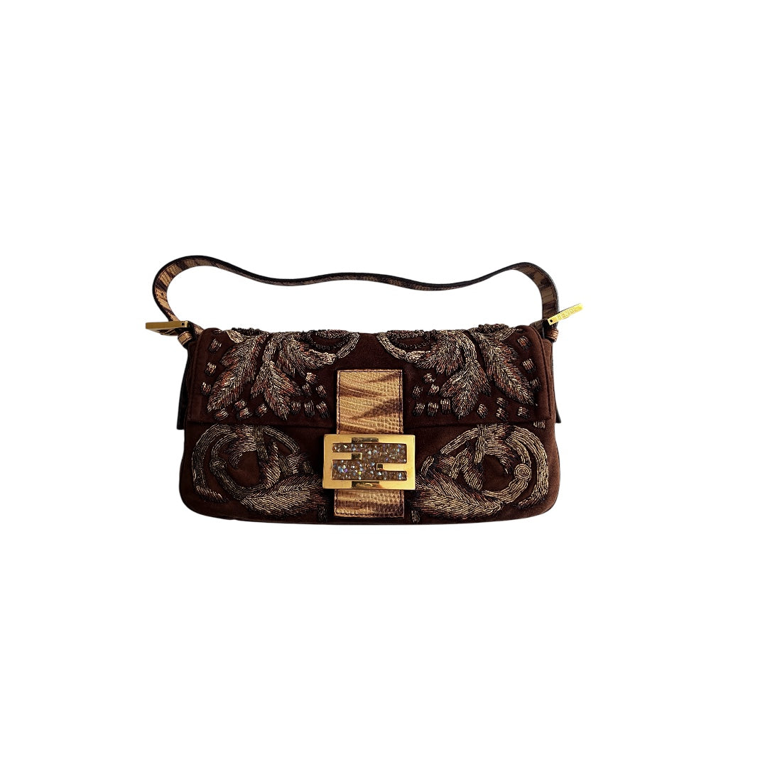 Fendi Embroidered Brown Suede Baguette Bag - Luxury Designer Crossbody Purse for Women, Perfect for Parties, Dates & Everyday Use