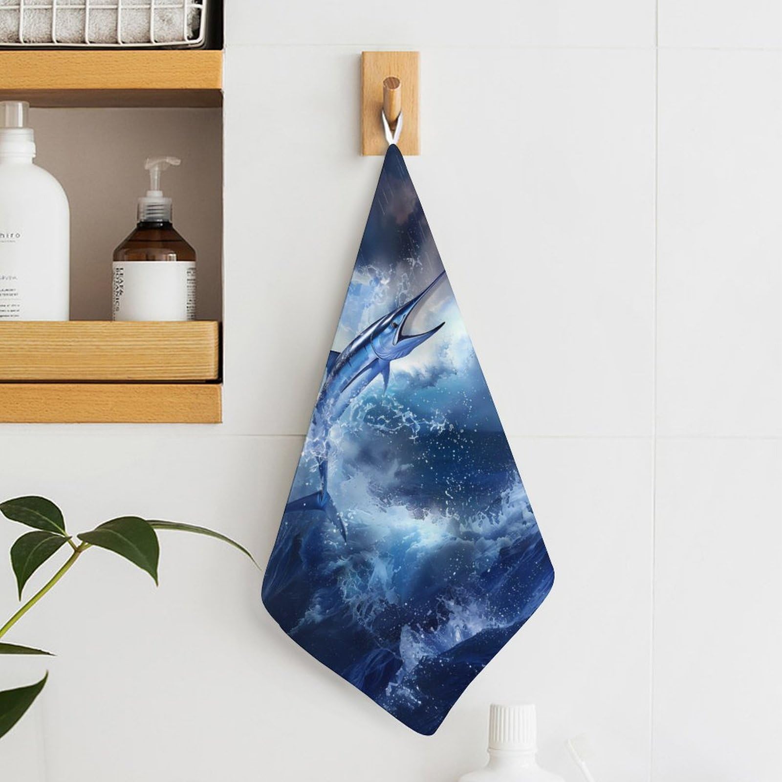 Premium Blue Marlin Fish Hand Towel & Washcloth Set - Soft, Absorbent Bath Towels with Hanging Loop for Travel, Home & Bathroom - 2PCS - Perfect for Beach Houses, Nautical Decor & Ocean-Themed Bathrooms