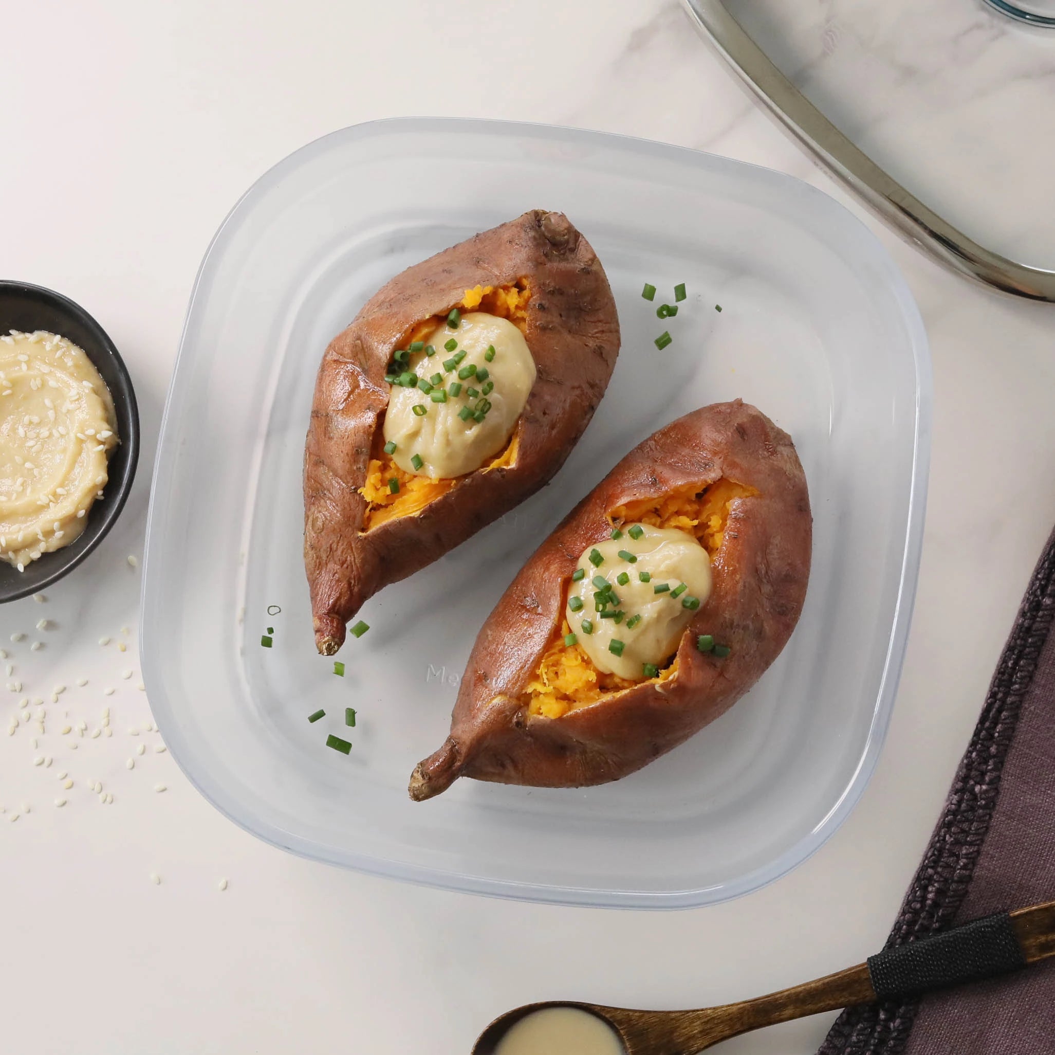 Roasted Sweet Potatoes with Miso Tahini Butter - Healthy Vegan Side Dish for Thanksgiving, Meal Prep & Family Dinners