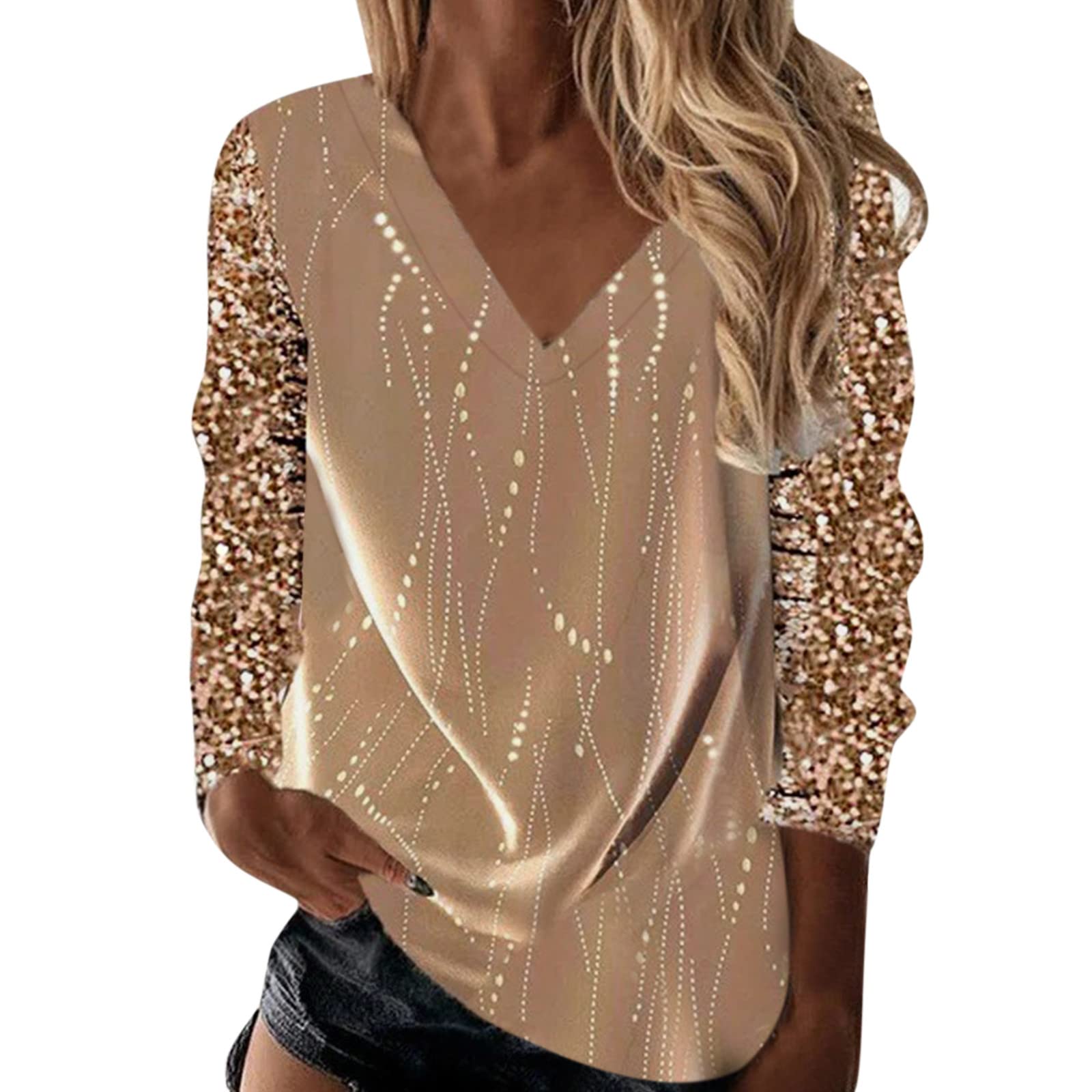 Women's Printed Long Sleeve Crewneck Blouse - V Neck Casual T-Shirt Top for Everyday Wear | Perfect for Office, Dating & Weekend Outfits