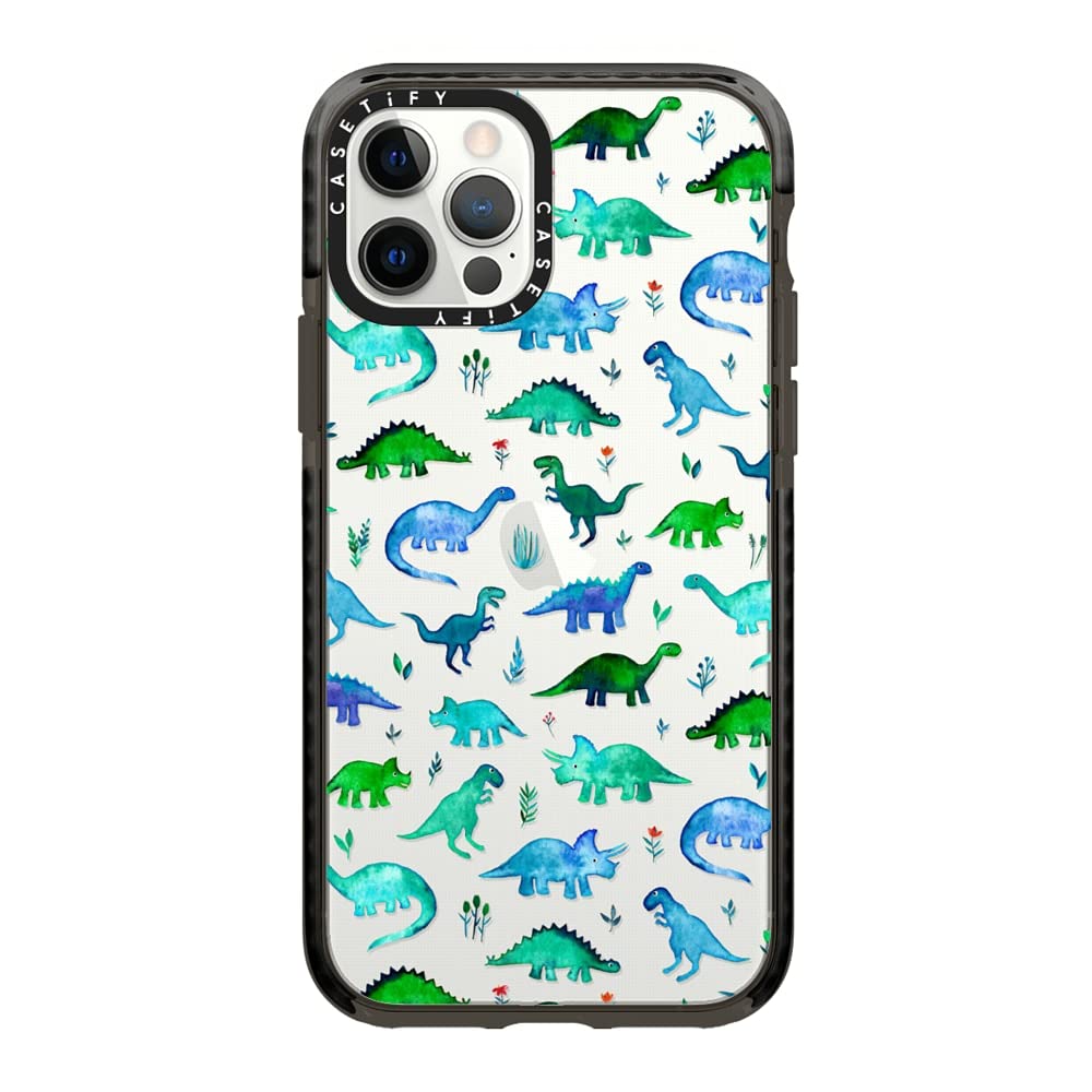 CASETiFY Impact Case for iPhone 12 & iPhone 12 Pro - Tiny Watercolor Dinosaur Design on Transparent Clear Black Protective Phone Cover | Durable Shockproof Case for Everyday Use, Work & Travel