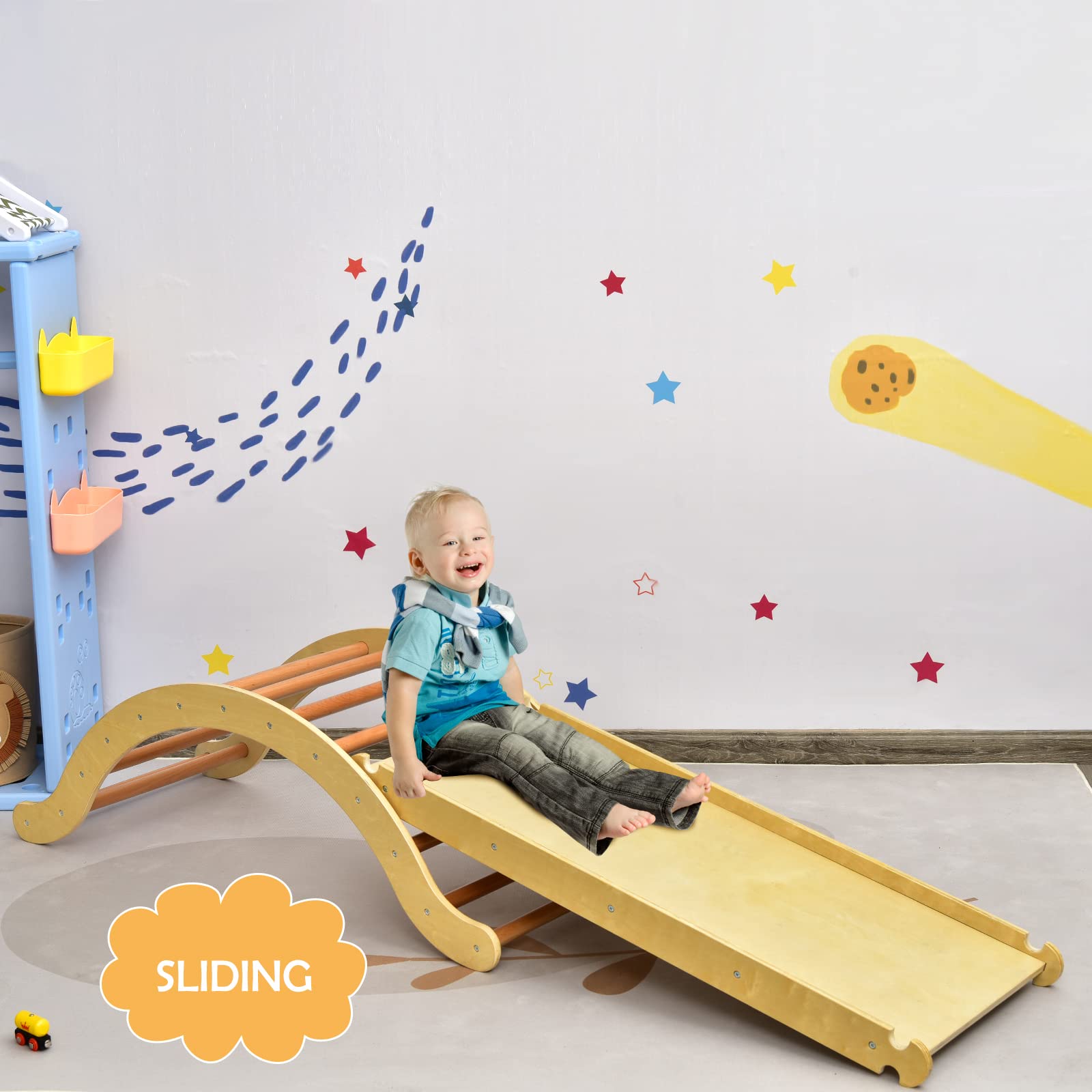 Costzon 3-in-1 Montessori Wooden Climber Set for Toddlers - Indoor Play Gym with Arch Climber, Rock Ramp & Padding - Kids Learning Toys for Home Playroom & Backyard - Perfect Birthday Gift for 1-3 Year Olds