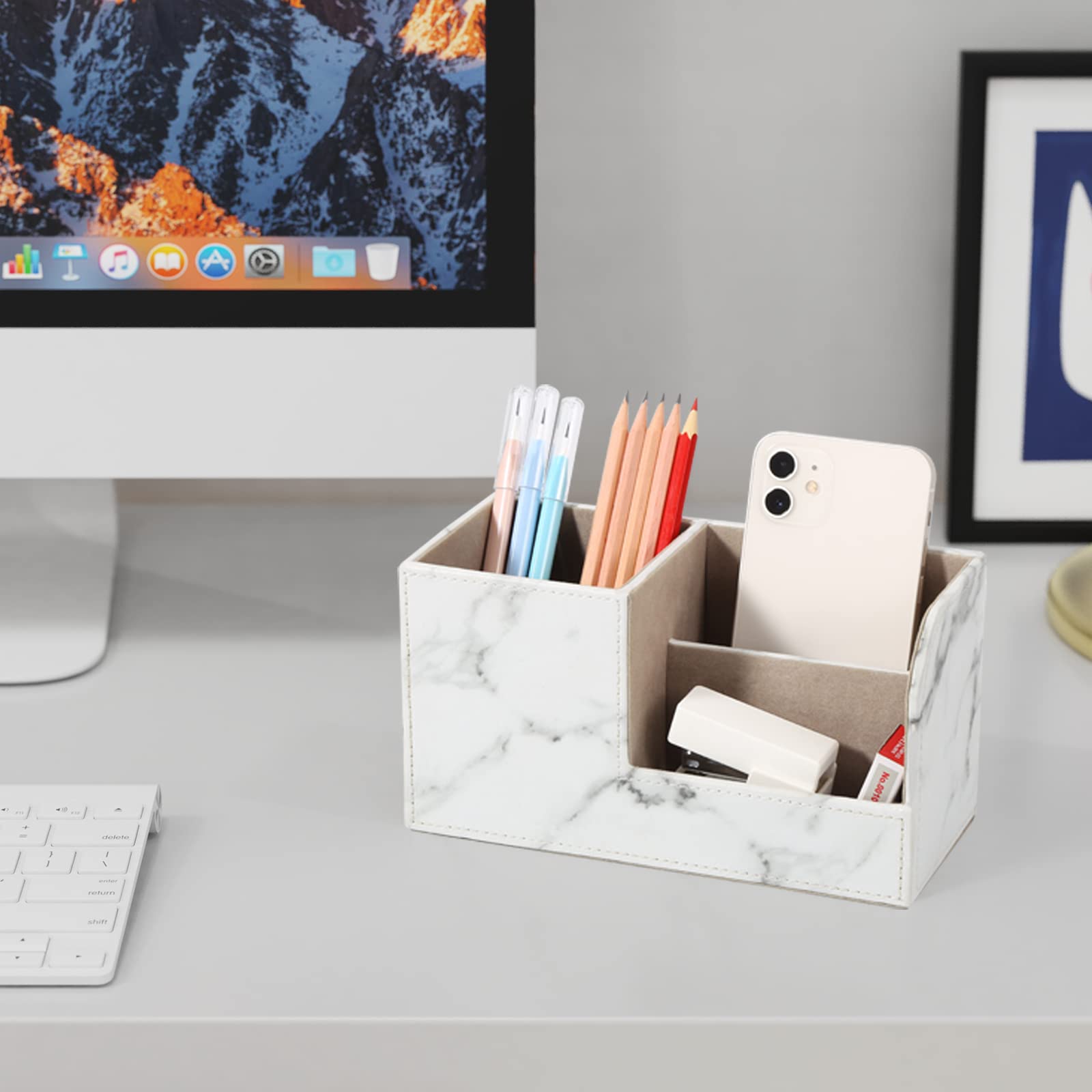 GORESE Leather Office Desk Organizer with Pen Holder & Remote Control Storage - White Marble Desktop Organizer for Office Supplies, Home & Workspace Organization - Perfect for Desk Accessories, Stationery & Remote Control Storage