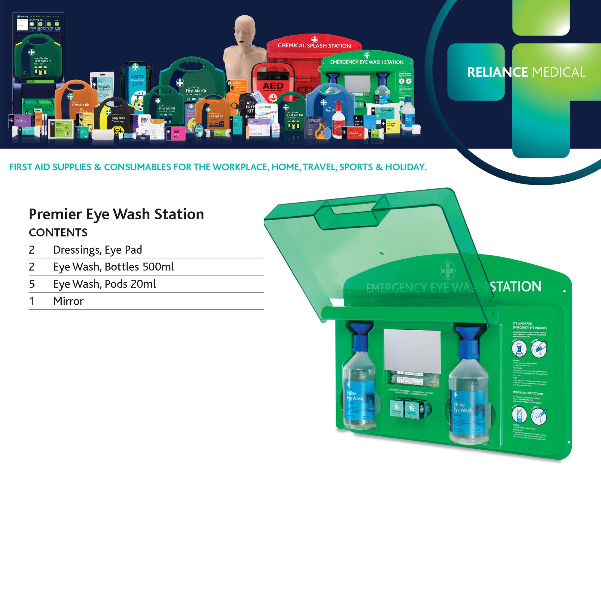 Reliance Medical Eye Wash Station - Emergency Eye Wash Kit with LED Light, 500ml Saline Solution & Eye Bandage for Workplace, Lab, and First Aid Safety