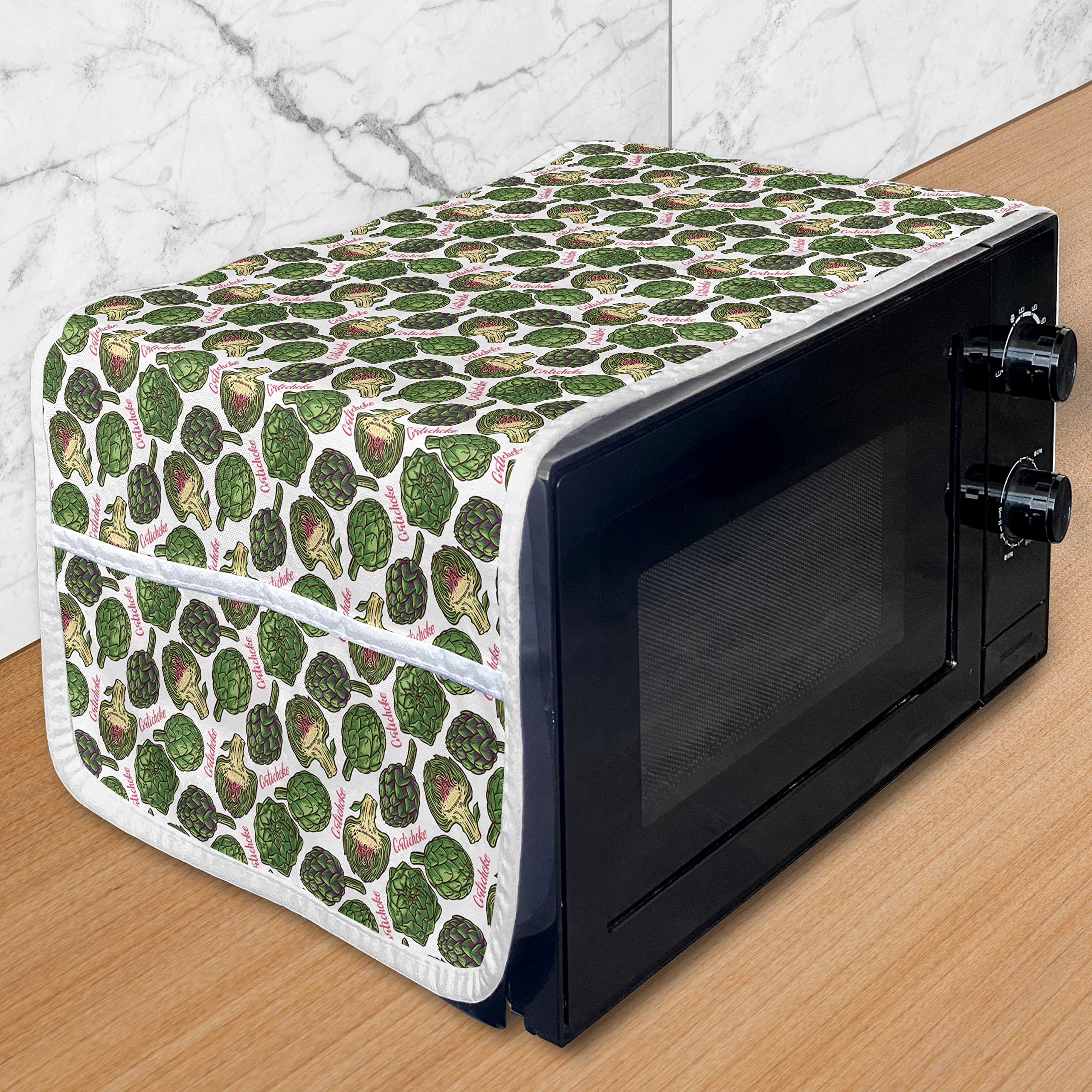 Ambesonne Artichoke Microwave Cover - Hand-Painted Superfood Design, Vibrant Waterproof Kitchen Organizer with Pockets, 36x12 Inches in Hunter Green - Perfect for Microwave Protection & Stylish Kitchen Decor