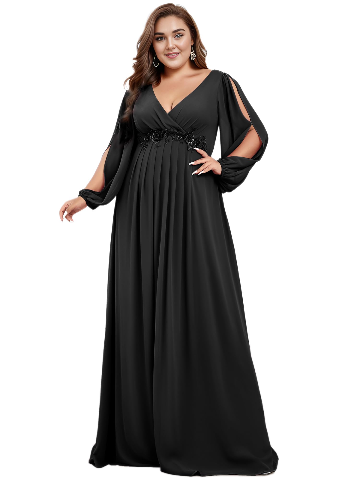 Ever-Pretty Plus Size Women's Formal Dress - V Neck Floor Length Gown with Lantern Sleeves & Floral Applique for Curvy Women | Wedding Guest, Prom, Evening Party, Special Occasion