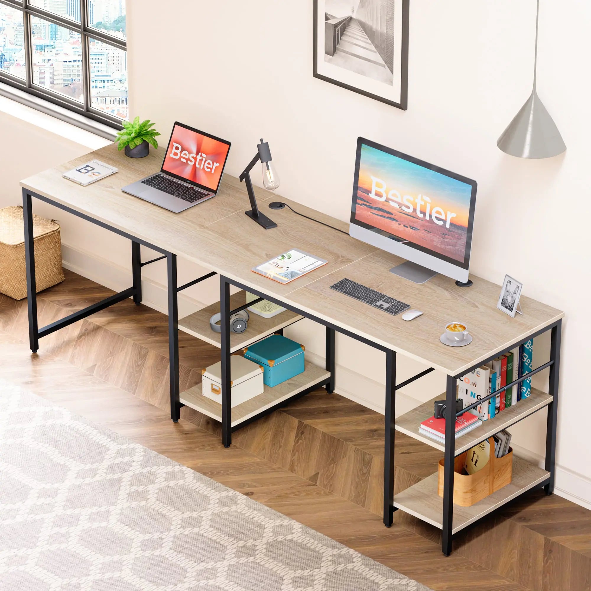 Bestier 86 Inch L-Shaped Computer Desk for Two - Home Office Gaming & Workstation with Large Workspace - Perfect for Couples, Roommates & Small Spaces
