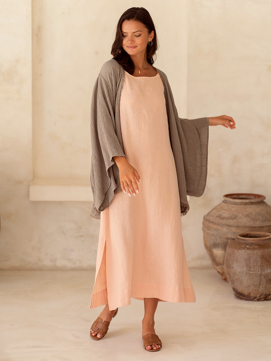 Isla Linen Blend Kimono - Lightweight Taupe Cover Up for Women - Perfect for Beach, Pool, and Summer Outfits
