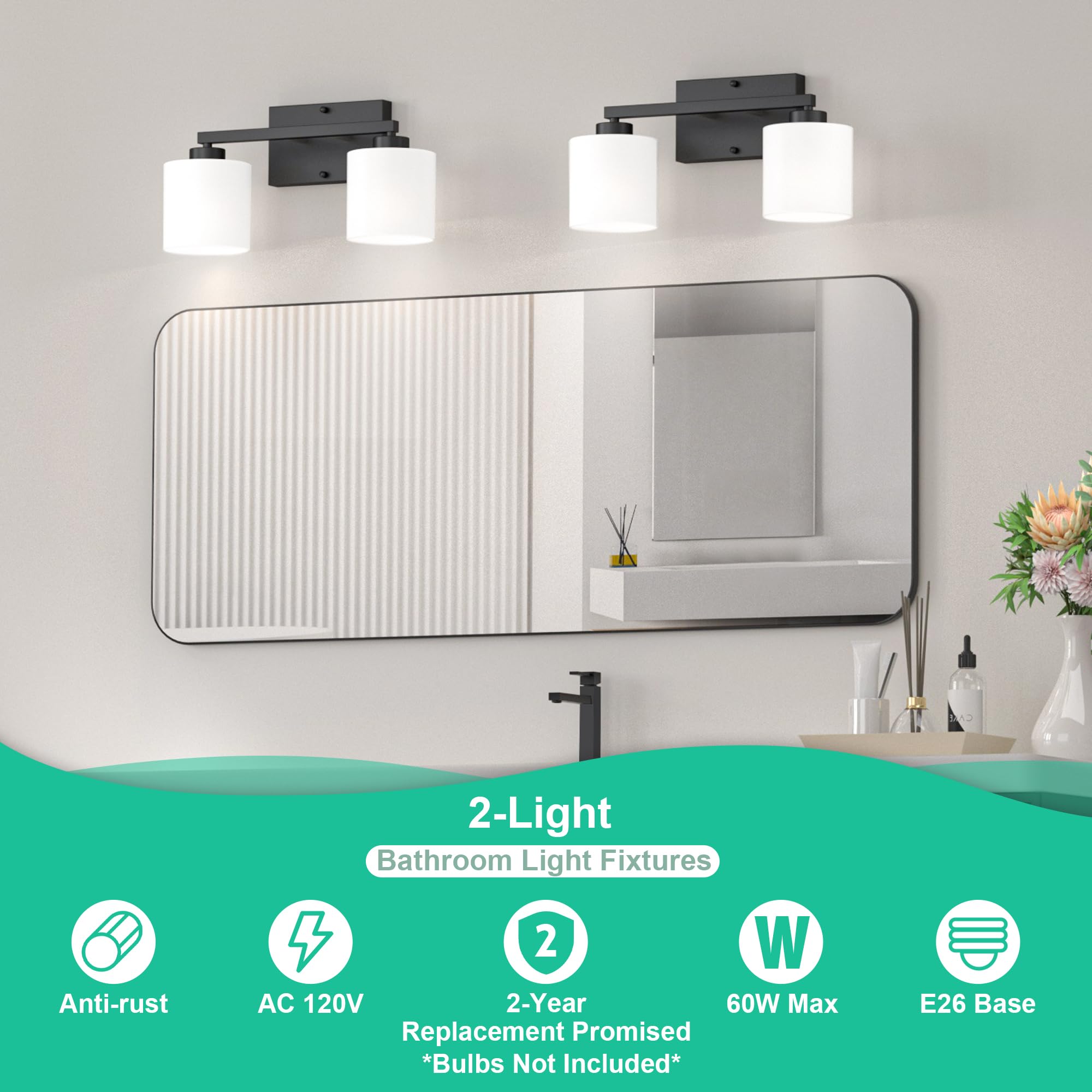 Modern Black Vanity Light - 2 Light Anti-Rust Bathroom Fixture for Mirror