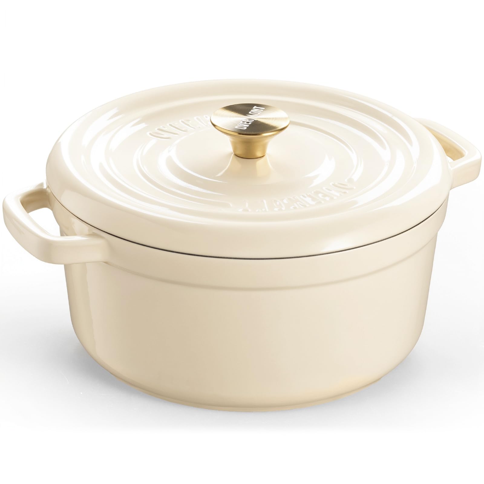 Overmont 5QT Enameled Cast Iron Dutch Oven with Lid - Heavy Duty Cookware for Braising, Stews, Roasting & Bread Baking - Includes Free Cookbook & Cotton Potholders - Perfect for Home Cooking, Camping & Outdoor Use (White)