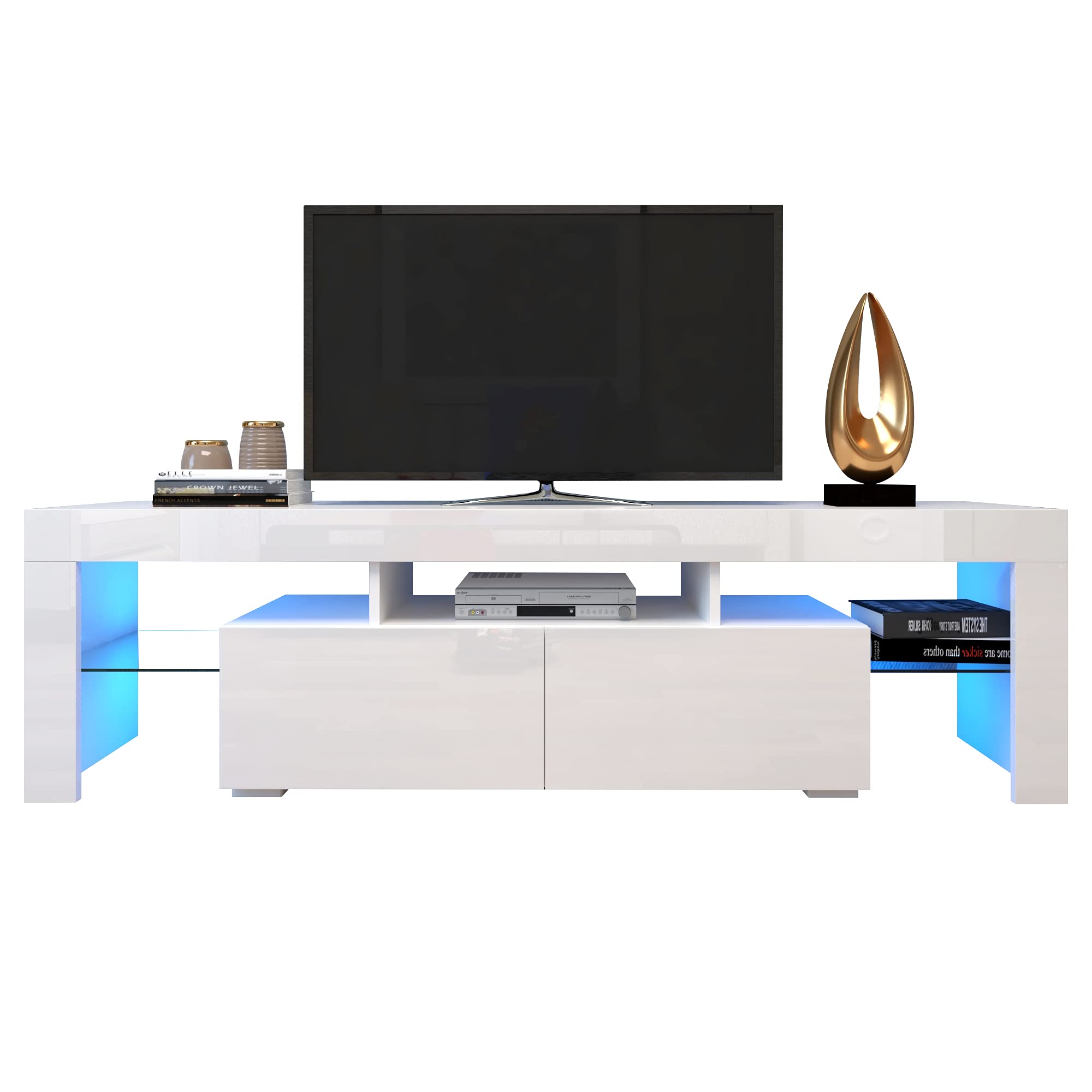 Modern White TV Stand with 20 Color LED Lights & Remote Control - Perfect for Living Room, Bedroom, and Home Theater Setup