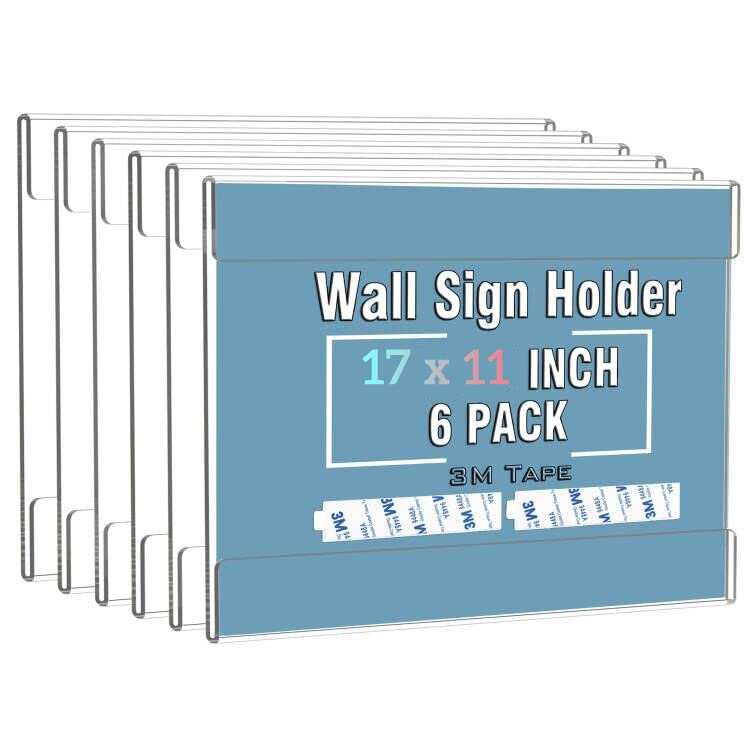 Dingelex 6-Pack Clear Acrylic 11x17 Horizontal Wall Sign Holders - No Drilling Landscape Document Frames for Doors, Offices & Restaurants - Plastic Hanging Paper Display for Menus, Notices & Posters