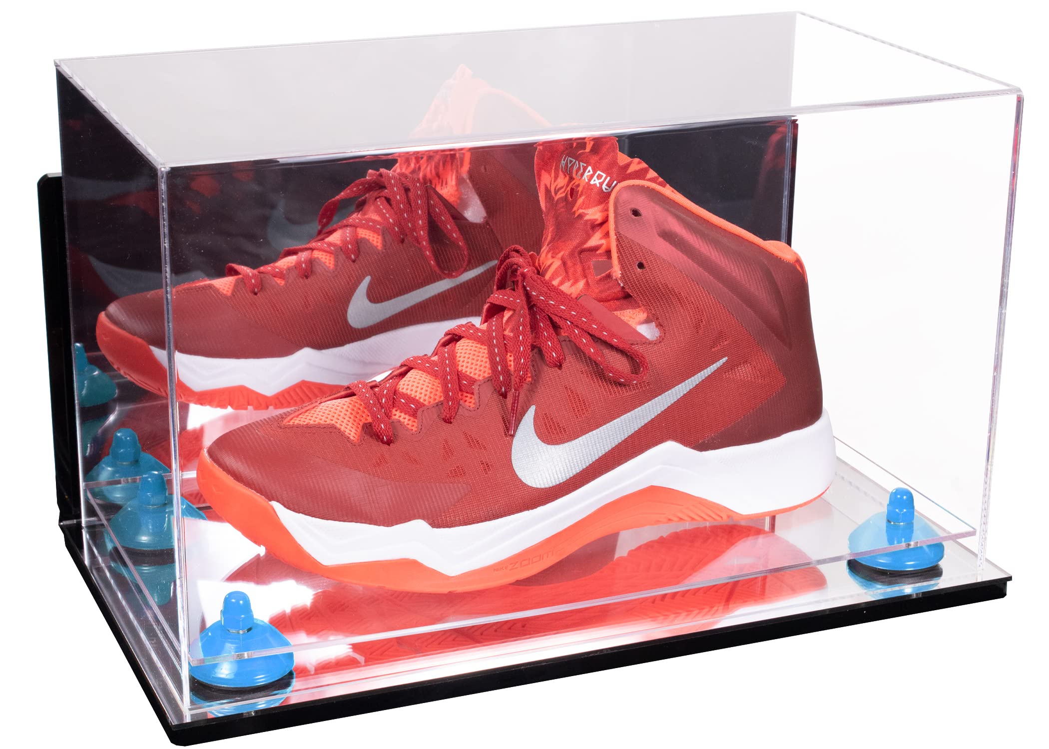 Acrylic Large Shoe Display Case for Basketball Shoes, Soccer Cleats & Football Cleats - Wall Mountable with Mirror Base & Light Blue Risers (V11/A013) - Perfect for Sneaker Collection Display, Sports Memorabilia Showcase & Home Decor