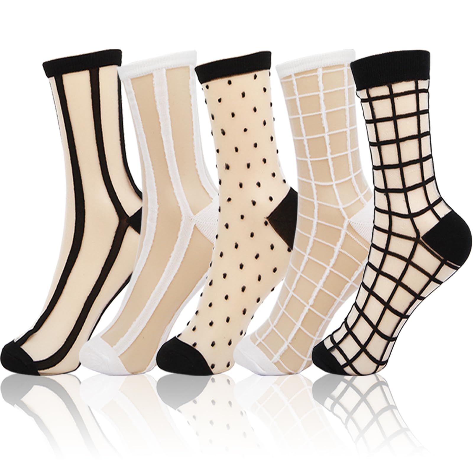 Sheer Mesh Socks for Women - 5 Pairs Black See-Through Fashion Socks with Checkered, Dot, Striped & Plaid Patterns - Breathable Thin Summer Crew Socks for Casual Wear, Office & Date Night Outfits