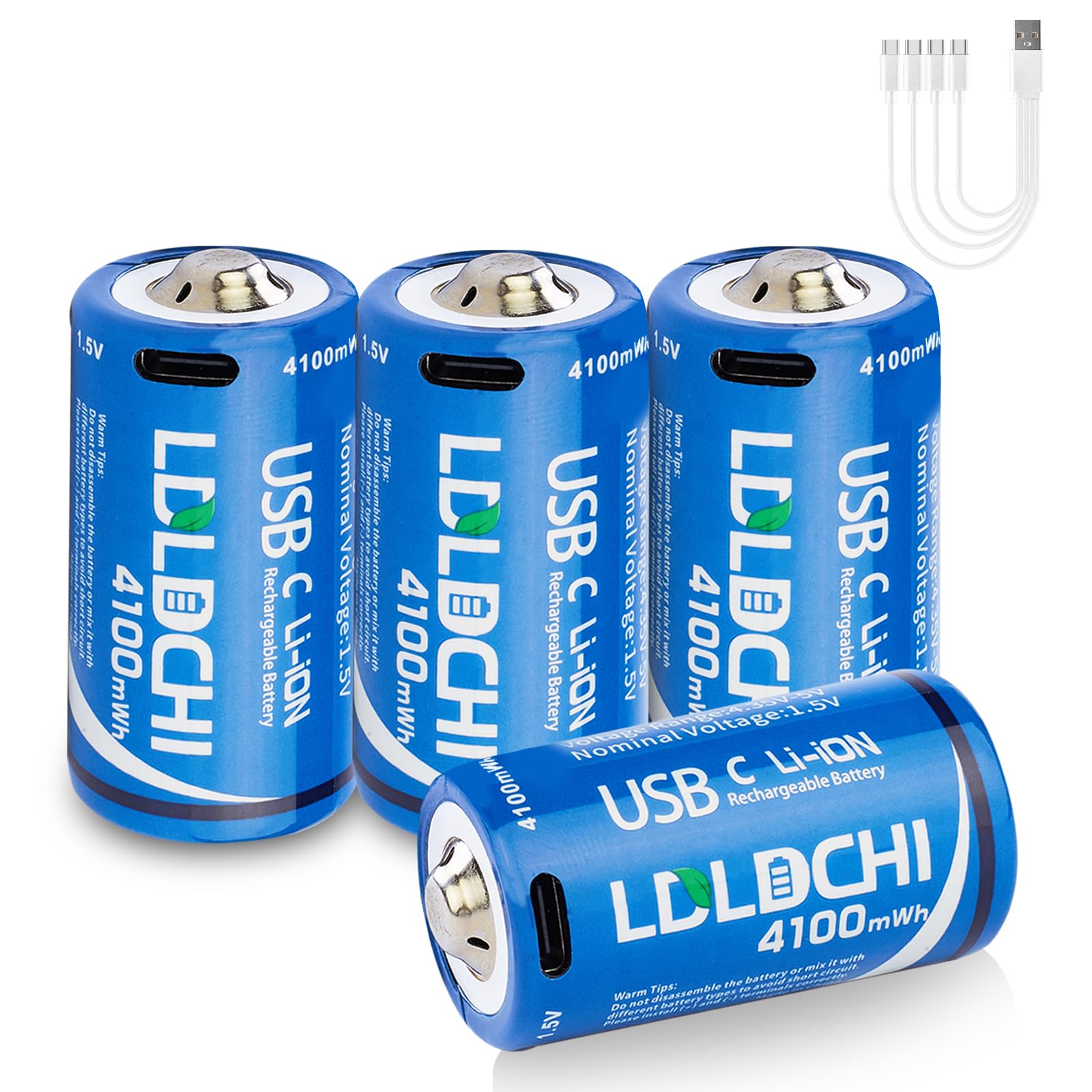 Rechargeable Lithium C Batteries 4 Pack - 4100mWh 1.5V Li-ion C Cell Batteries with 4-in-1 Charger, 1000+ Charge Cycles | Perfect for Flashlights, Clocks, Radios, Toys, Emergency Kits & Outdoor Gear