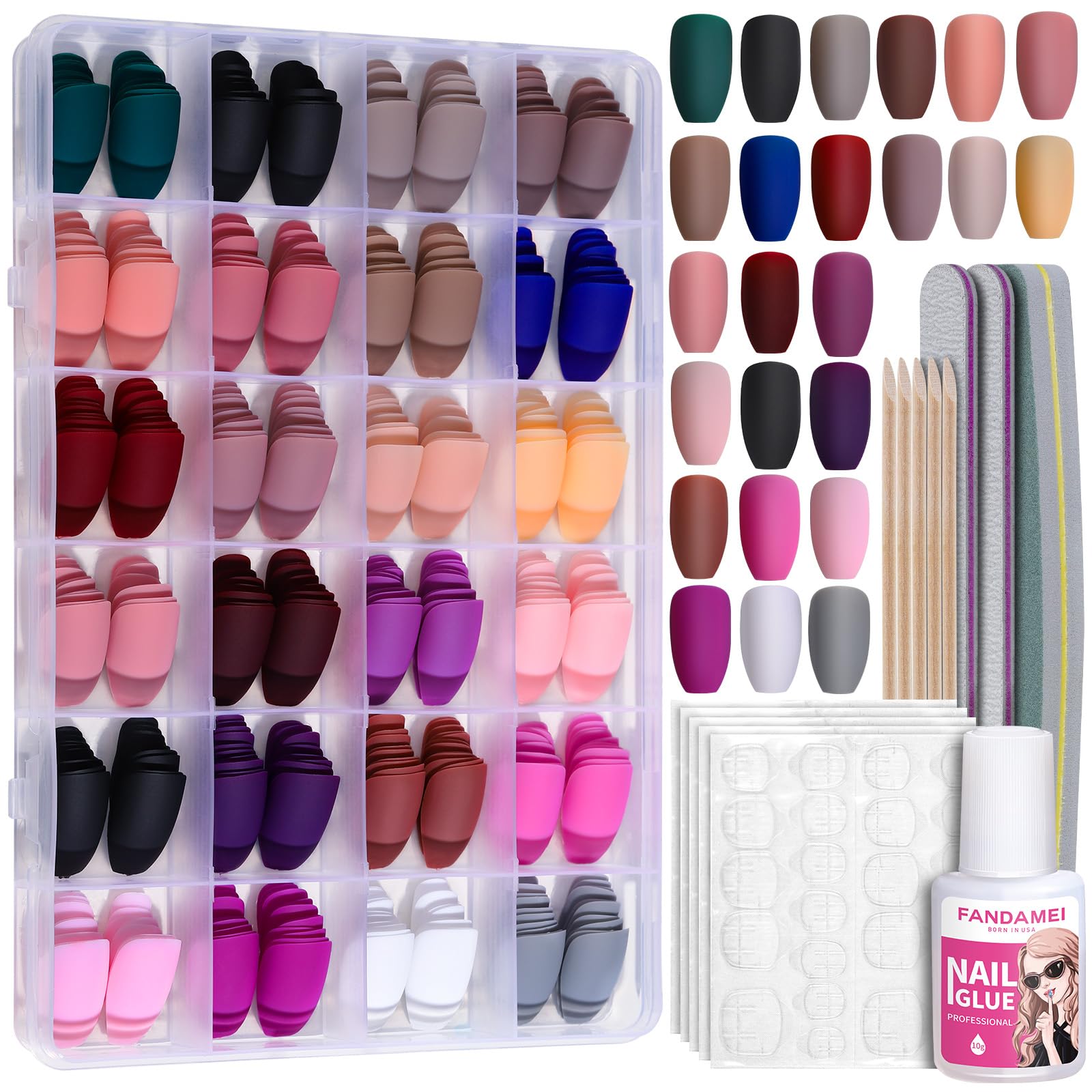 FANDAMEI 24 Pack Matte Press on Nails - Medium Coffin Fake Nails with Glue & Tools for DIY Nail Art at Home