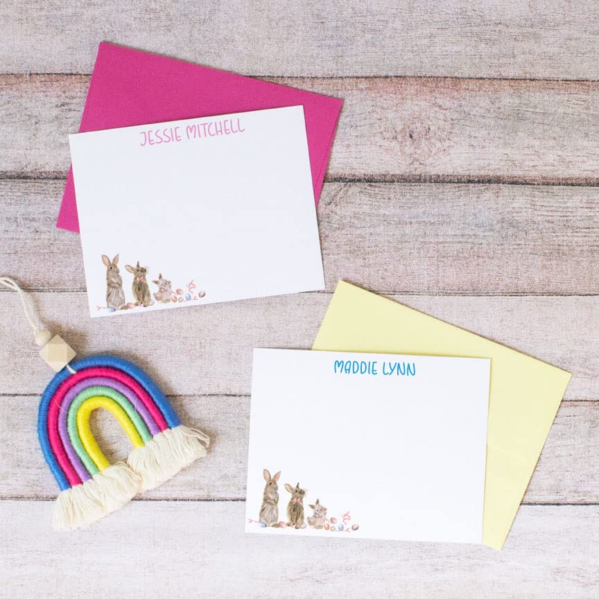 Personalized Easter Bunny Stationery Set - A2 Flat Cards with Envelopes | Custom Quantity & Colors | Easter Egg Themed Gift for Kids & Girls | Perfect for Easter Thank You Notes, Party Invitations & Holiday Greetings