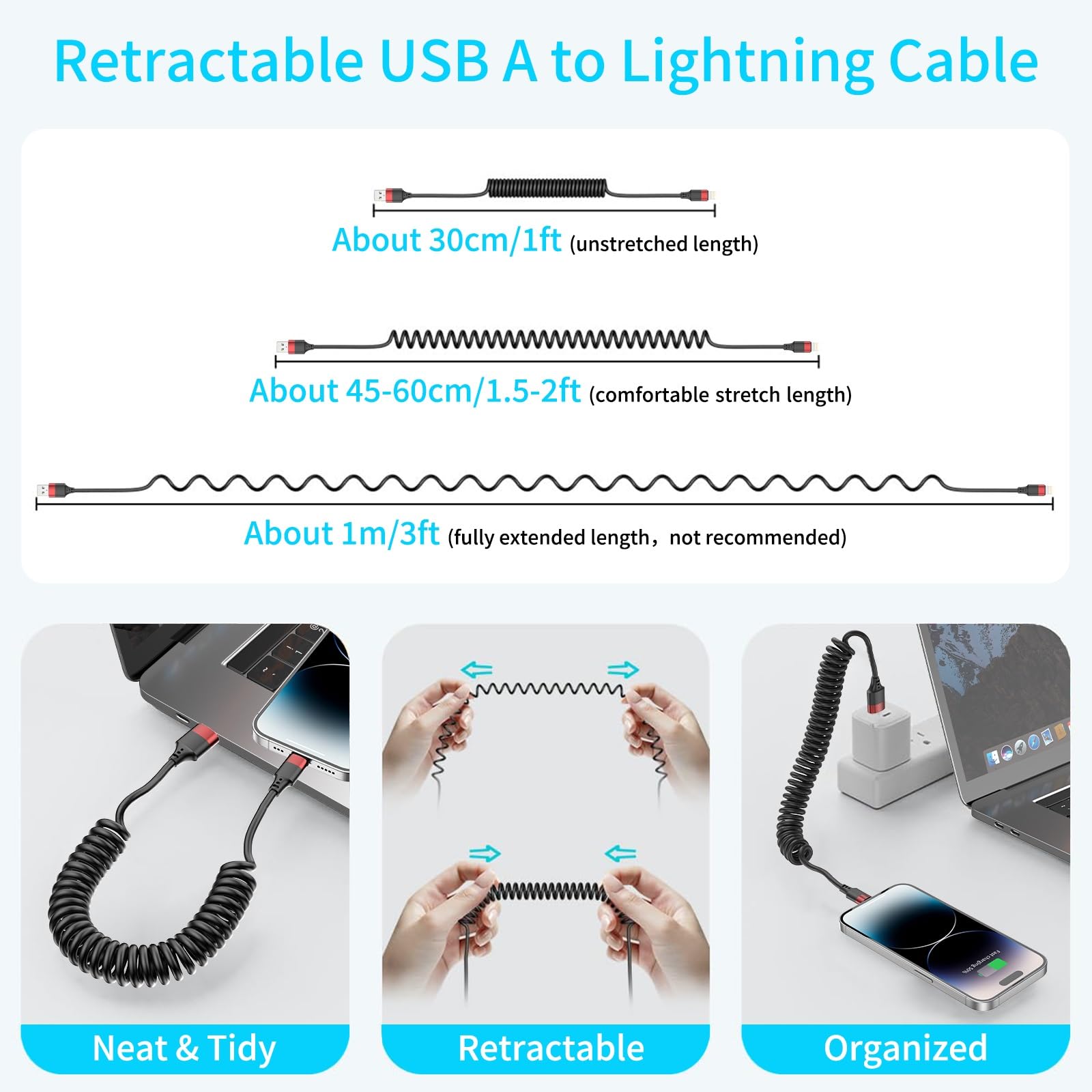 2 Pack Coiled Lightning Cable for Car - Fast Charging iPhone CarPlay USB Cable Compatible with iPhone 14/13/12/11 Pro Max/Mini/XR/XS/8/7 Plus/SE & iPad/iPod - Perfect for Road Trips & Daily Commute