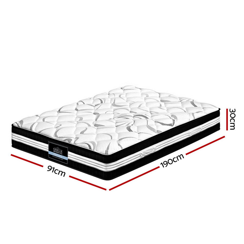 Mykonos Euro Top Pocket Spring Mattress - 30cm Thick Single Size for Ultimate Comfort | Perfect for Guest Rooms, Dorms & Small Bedrooms