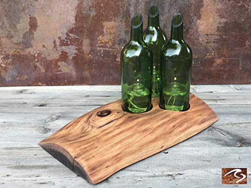 Mesquite Wood Round Centerpiece with 3 Wine Bottle Holders - Rustic Candle Holder for Farmhouse, Wedding, and Dining Table Decor
