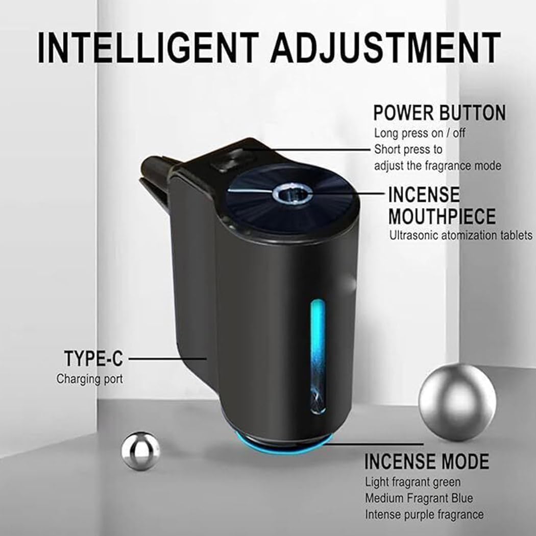 Smart Car Air Freshener Diffuser - 3 Adjustable Fragrance Settings, USB Rechargeable, Auto Scent Dispenser for Vehicles - Perfect for Long Drives, Office Commutes & Road Trips (Ocean Scent Refill Included)