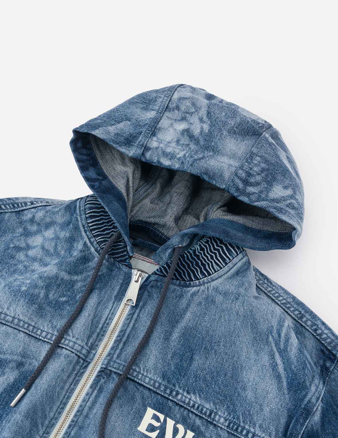 Fisherman Godhead Laser Print Loose Fit Hooded Denim Jacket for Men - Vintage Distressed Streetwear Style for Casual Outfits & Urban Fashion