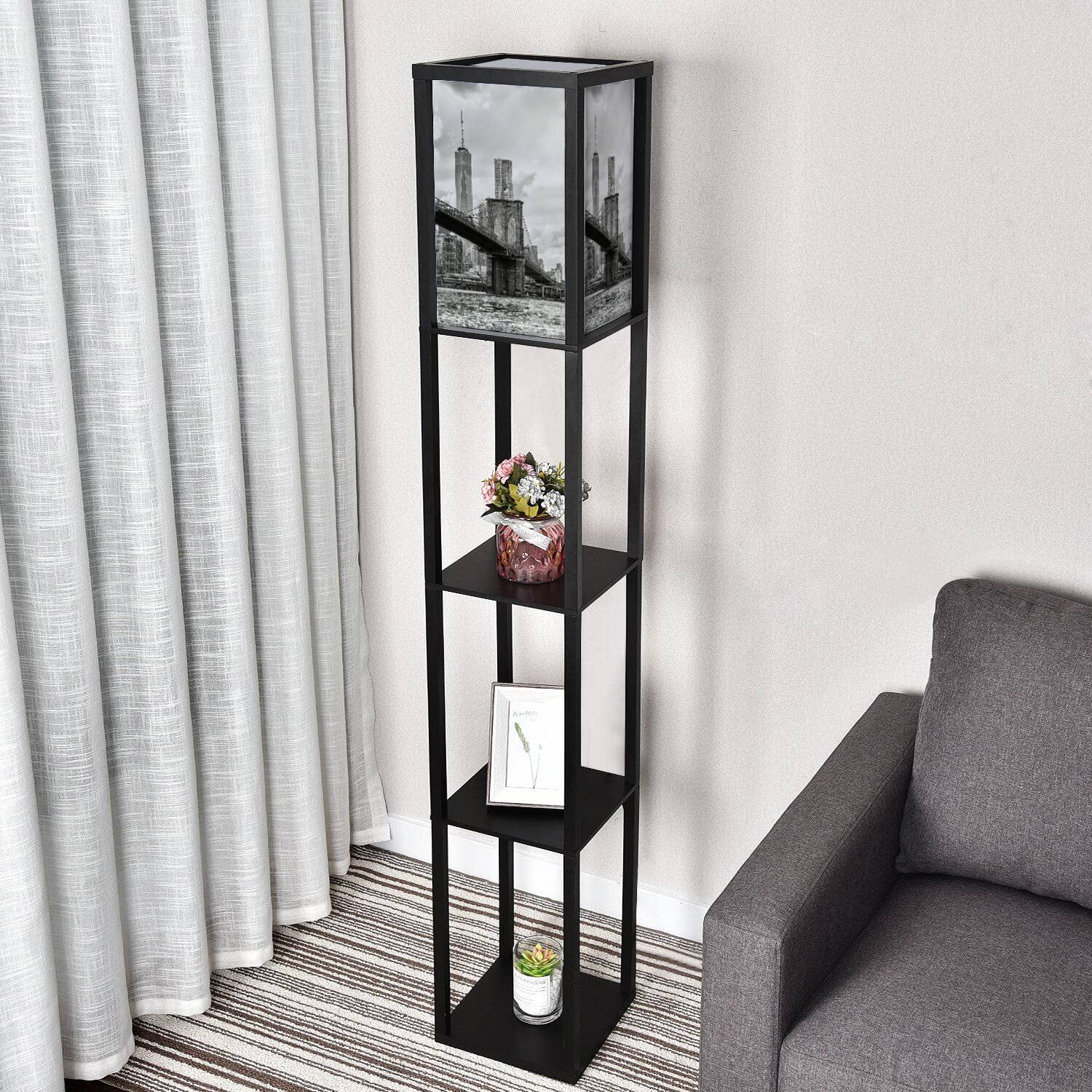 Modern Corner Floor Lamp with Shelves - Brooklyn Bridge NYC Inspired 3-Tone LED Standing Lamp with Linen Shade for Living Room & Bedroom | Perfect for Reading, Relaxing & Home Decor