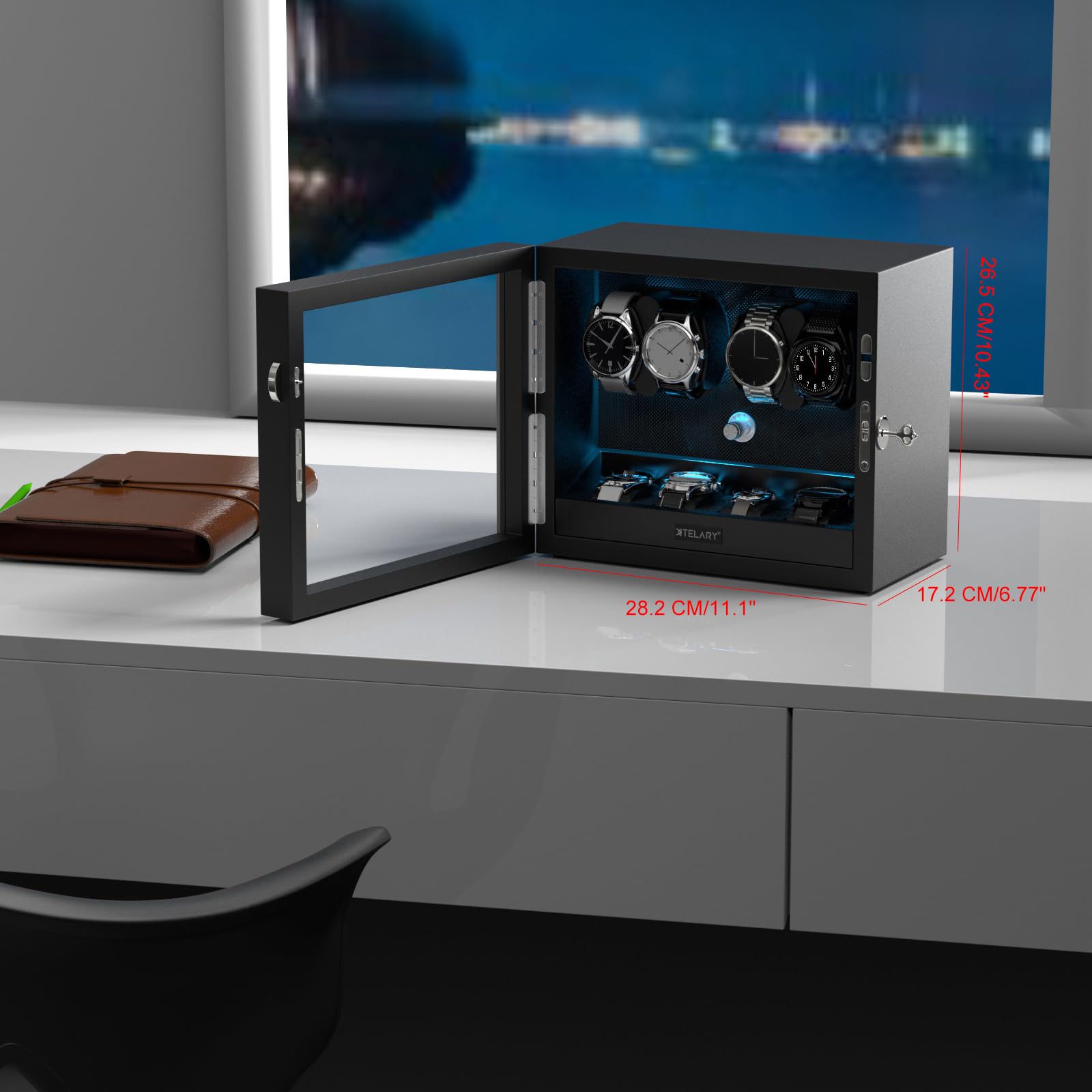 XTELARY Automatic Watch Winder for 4/6/8/12 Watches - Lockable Storage Box with 4 Extra Slots, 4 Rotation Modes, Adjustable Watch Pillows, Silent Mabuchi Motor & LED Backlight | Perfect for Automatic Watch Collection, Display & Maintenance at Home/Office