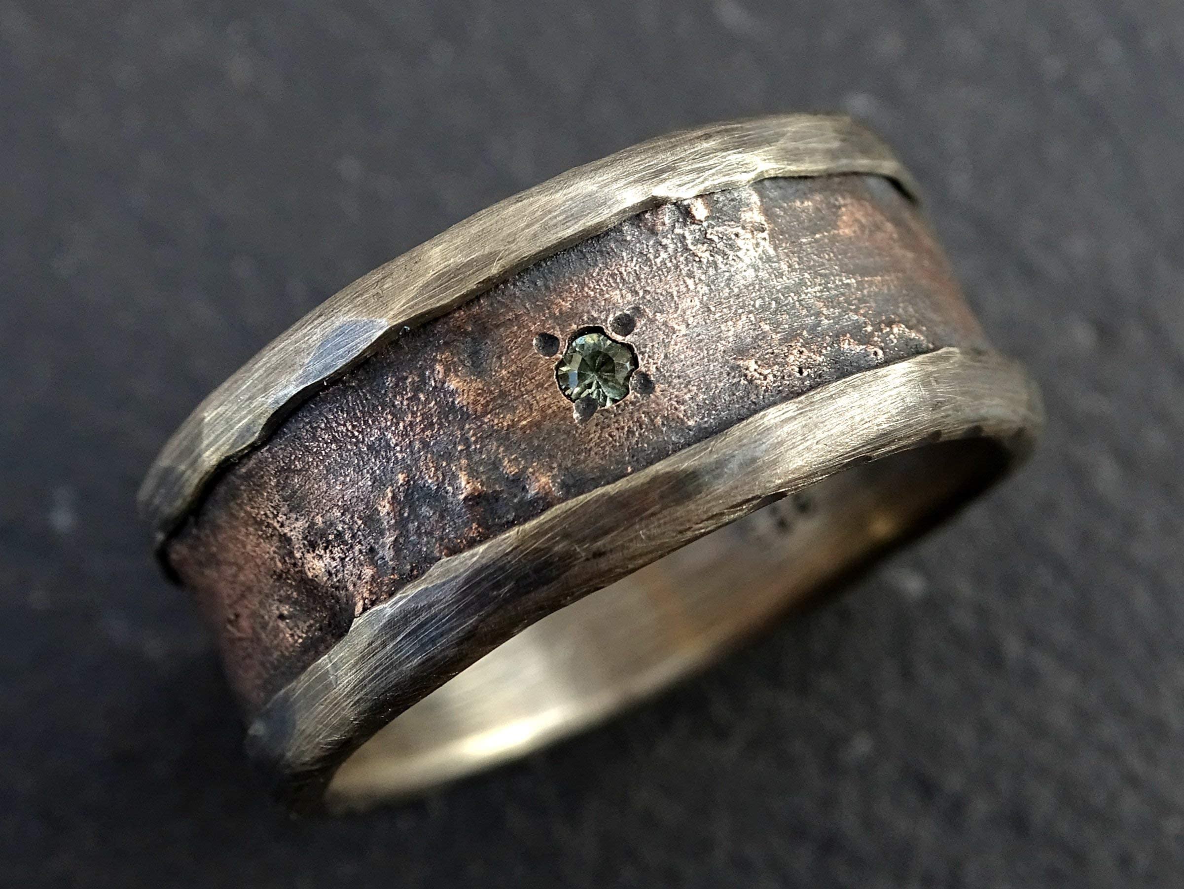 Unique Silver Bronze Men's Ring - Personalized Raw Gemstone Engagement & Wedding Band - Rustic Big Size Birthstone Ring for Men - Perfect for Gifts, Proposals, and Everyday Wear