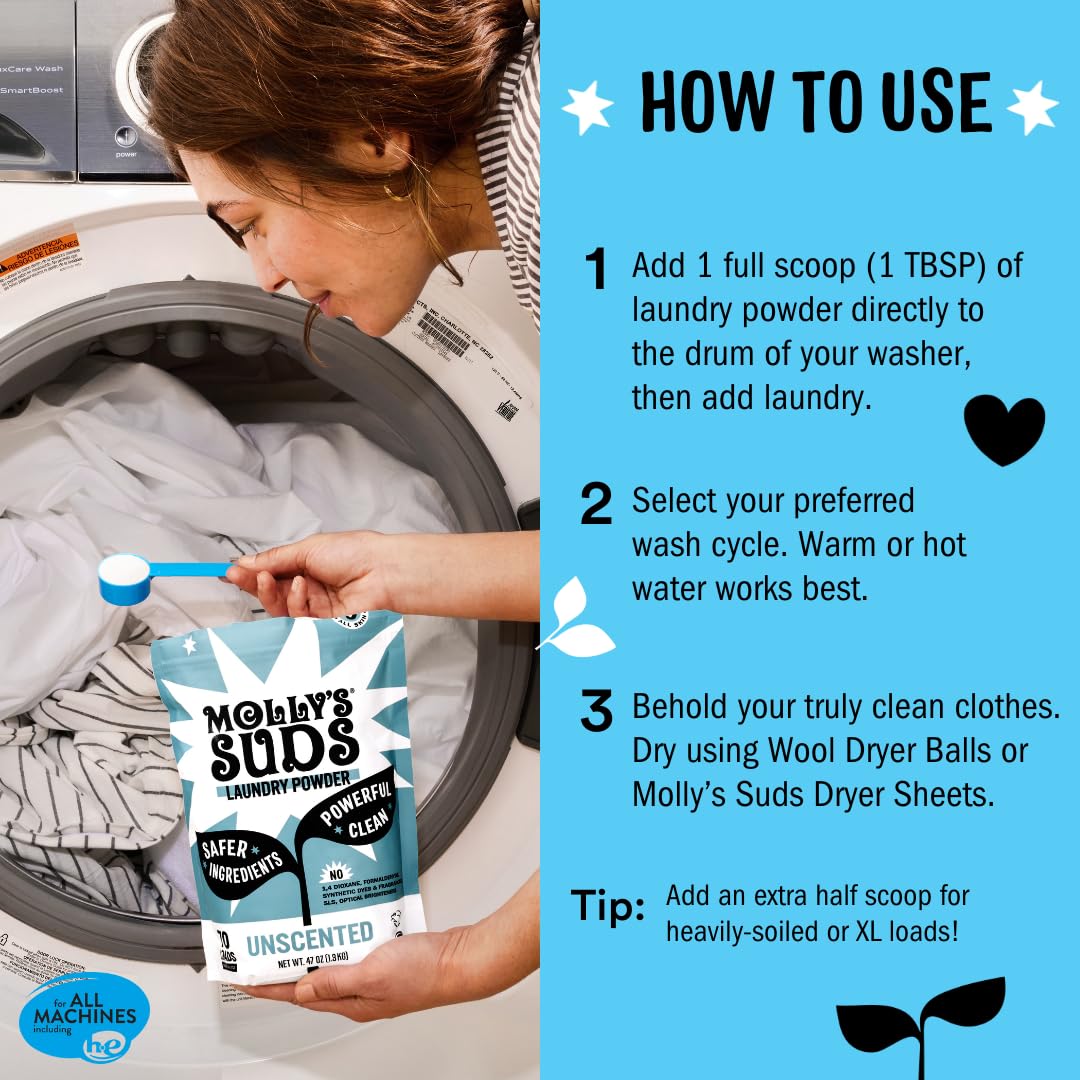 Molly's Suds Original Laundry Detergent Powder for Sensitive Skin - Hypoallergenic, Eco-Friendly Stain Remover with Natural Peppermint Scent (70 Loads) | Gentle on Baby Clothes & Perfect for Allergy-Prone Families
