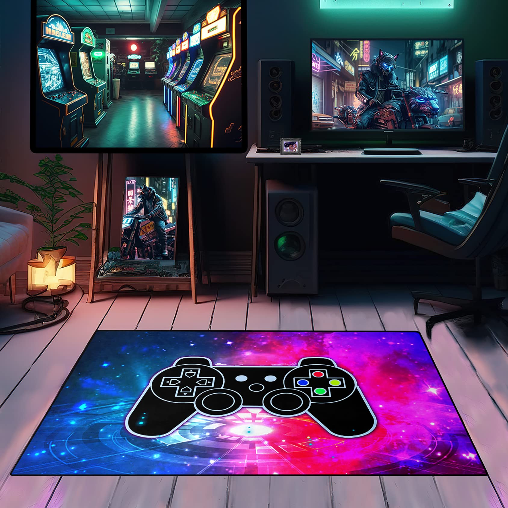Premium Gamepad Printed Area Rug - 4'x5' Soft Polyester Floor Mat for Living Room, Bedroom & Game Room - Gamer Gift for Boys, Blue & Hot Pink Design - Perfect for Gaming Setup, Home Decor & Comfort