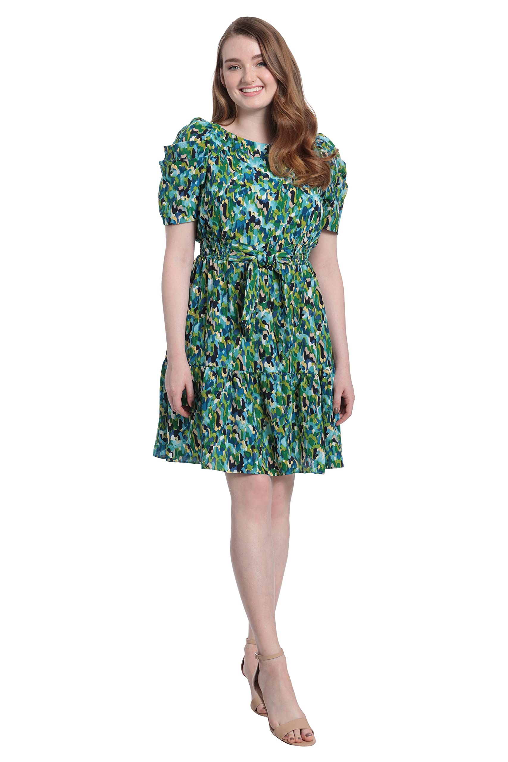 London Times Women's Smocked Dress with Bow - Elegant Puff Sleeve for Parties & Events