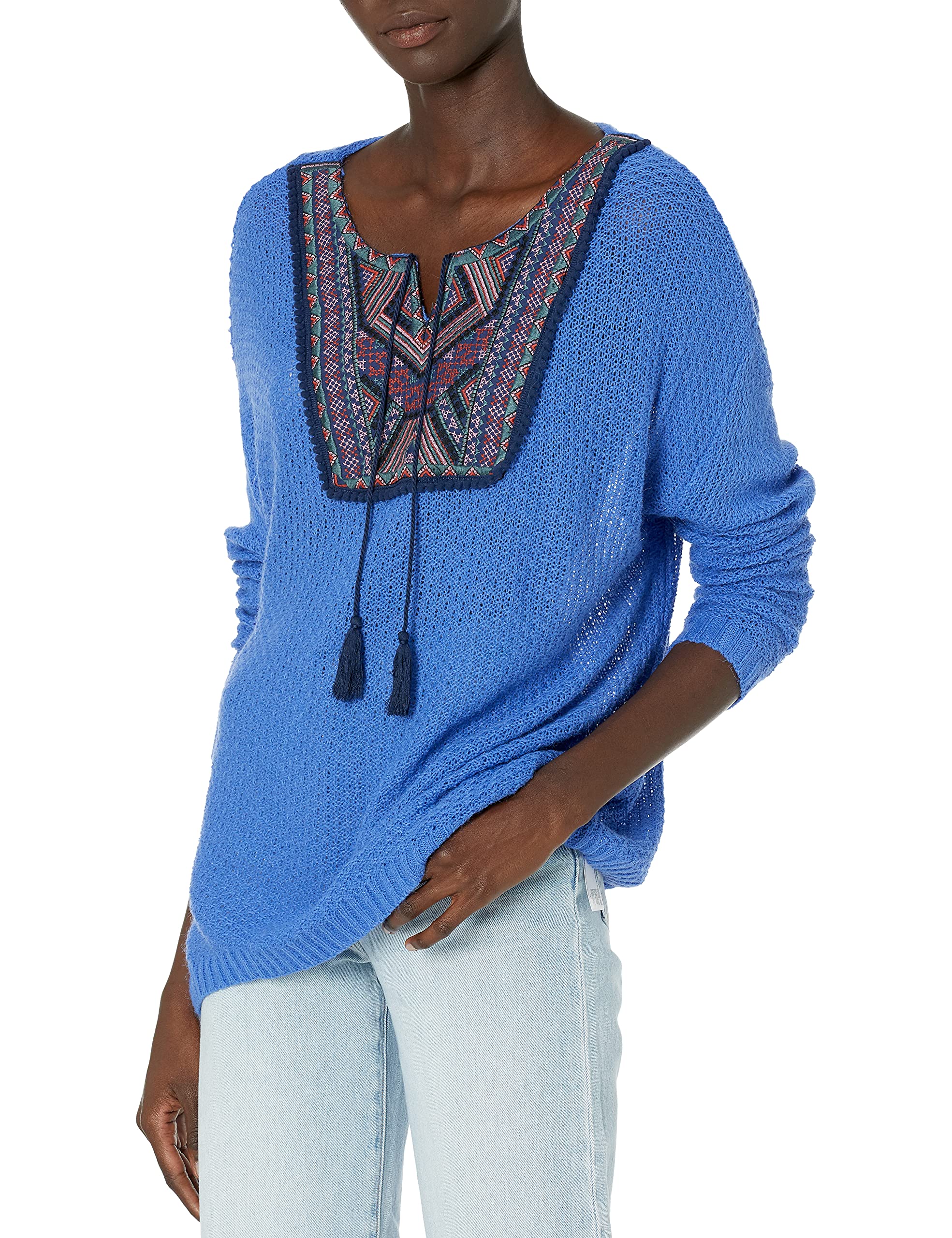 Vintage American Blues Women's Sydney Sweater - Embroidered Neckline & Tassels - Cozy Pullover for Casual Outings, Music Festivals & Fall Layering