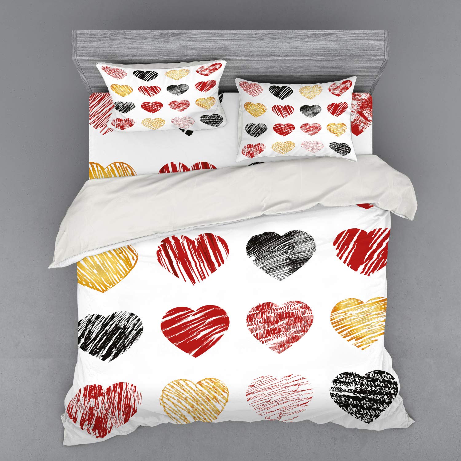 Ambesonne Romance Bedding Set - King Size 4-Piece Duvet Cover with Shams & Fitted Sheet, Hand-Drawn Heart Love Print in Pale Coffee Black Red | Valentine's Wedding Theme Bedroom Decor for Couples