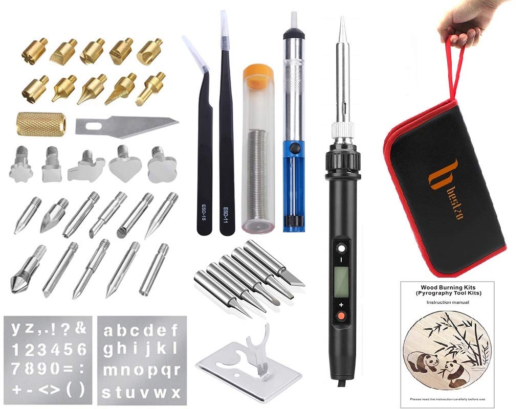 BESTZO Professional Wood Burning Kit with LCD Display - Pyrography & Soldering Iron Tool Set for Wood Carving, Embossing, DIY Crafts - Includes Multiple Tips, Upgraded Model, Manual & Carrying Case (Black) - Perfect for Woodworking, Leather Crafting, and Home DIY Projects