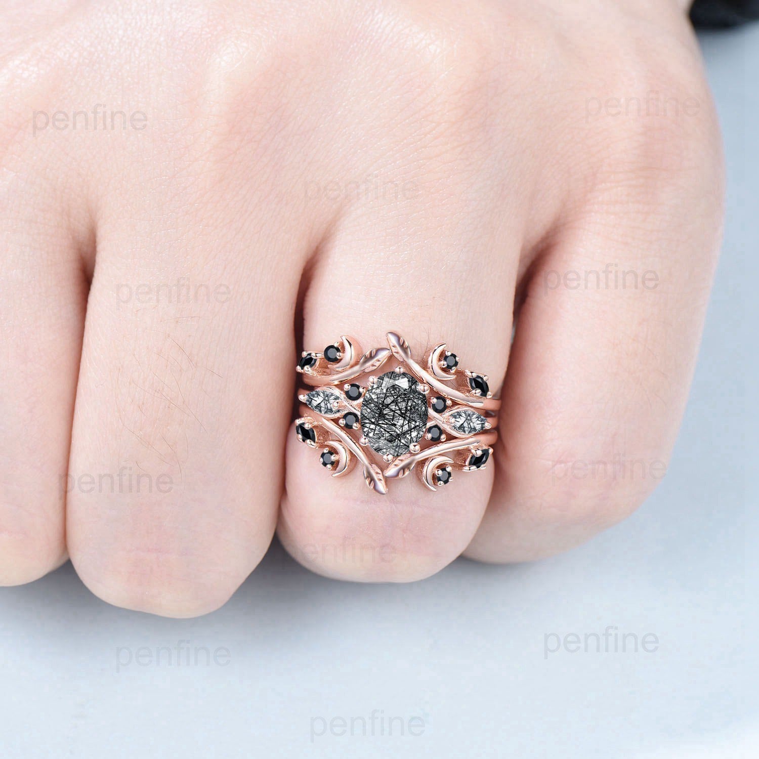 1.5CT Natural Oval Black Rutilated Quartz & Black Spinel Engagement Ring Set - Nature Inspired Double Leaf Wedding Band Stacking Bridal Jewelry for Women - Perfect for Proposals, Anniversaries & Boho Chic Bridal Looks