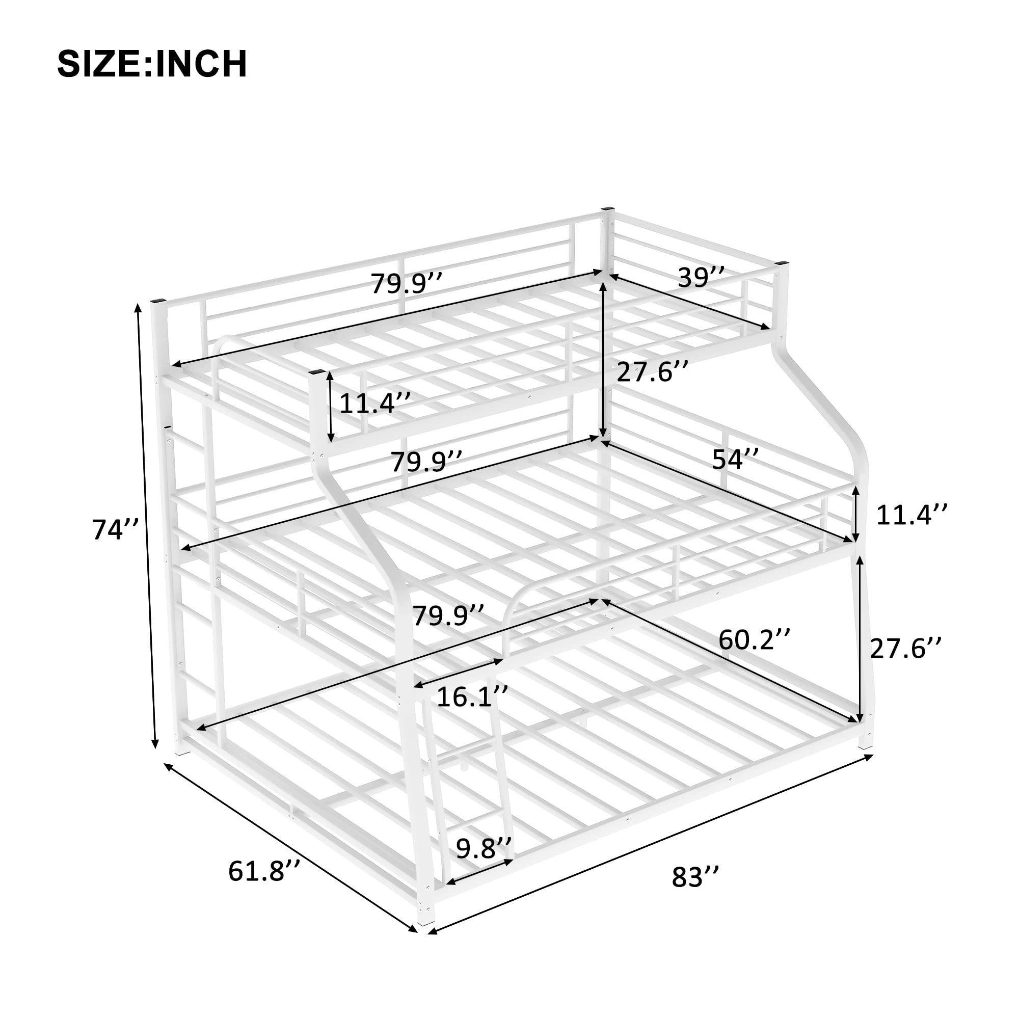 Triple Metal Bunk Bed - Twin XL Over Full XL Over Queen Size with Ladders | Space-Saving Bed for Family, Teens & Adults | No Box Spring Needed | Perfect for Dorms, Guest Rooms & Small Spaces