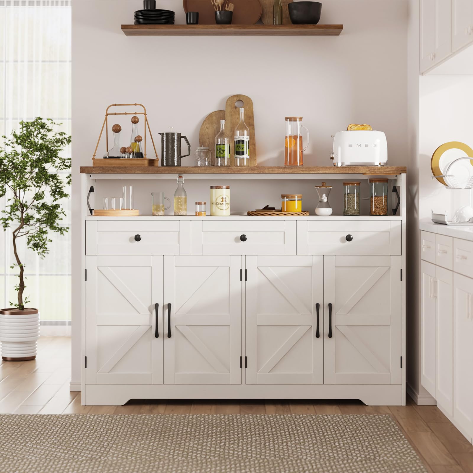 Farmhouse Buffet Cabinet with Drawers & Open Shelf - 52