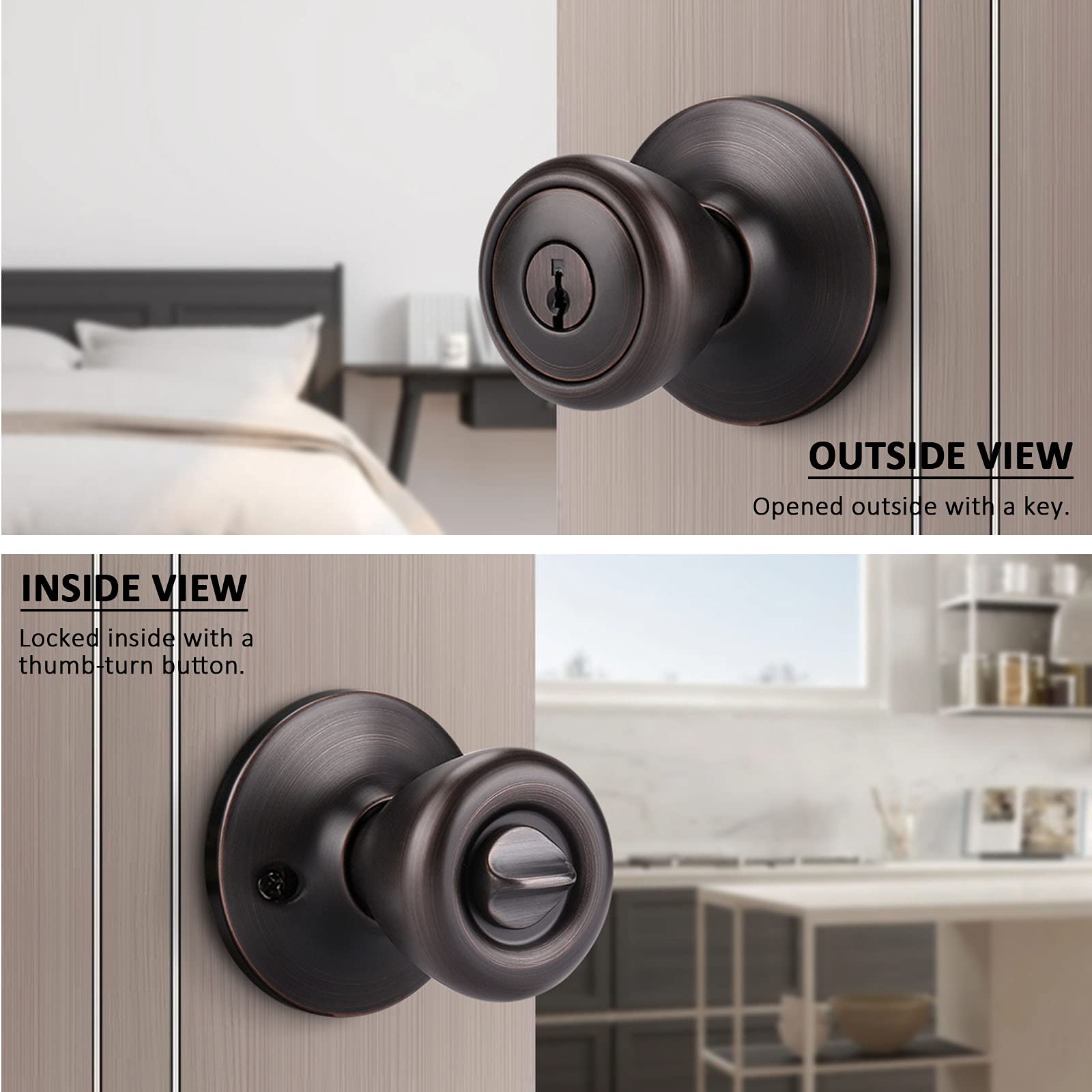 GOBEKOR 3 Pack Keyed Entry Door Knobs - Oil Rubbed Bronze Exterior Door Knob with Lock & Key, Secure Tulip Style Entry Door Lock for Home, Office & Commercial Use