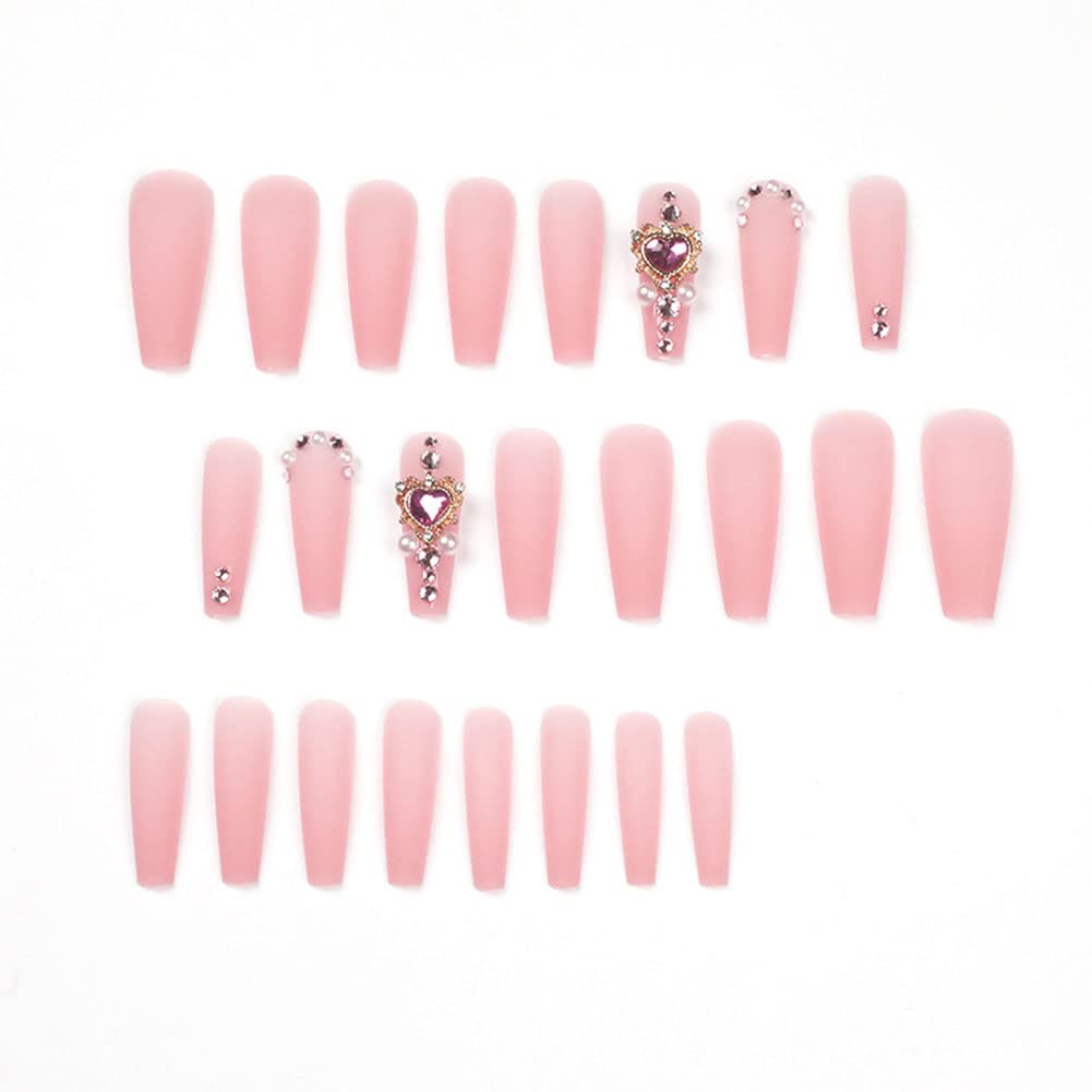 24Pcs Long Coffin Press on Nails with Diamond & Heart Shaped Gems - Glossy Ballerina Fake Nails for Women & Girls - Full Cover Clip on False Nails for Parties, Weddings & Special Occasions