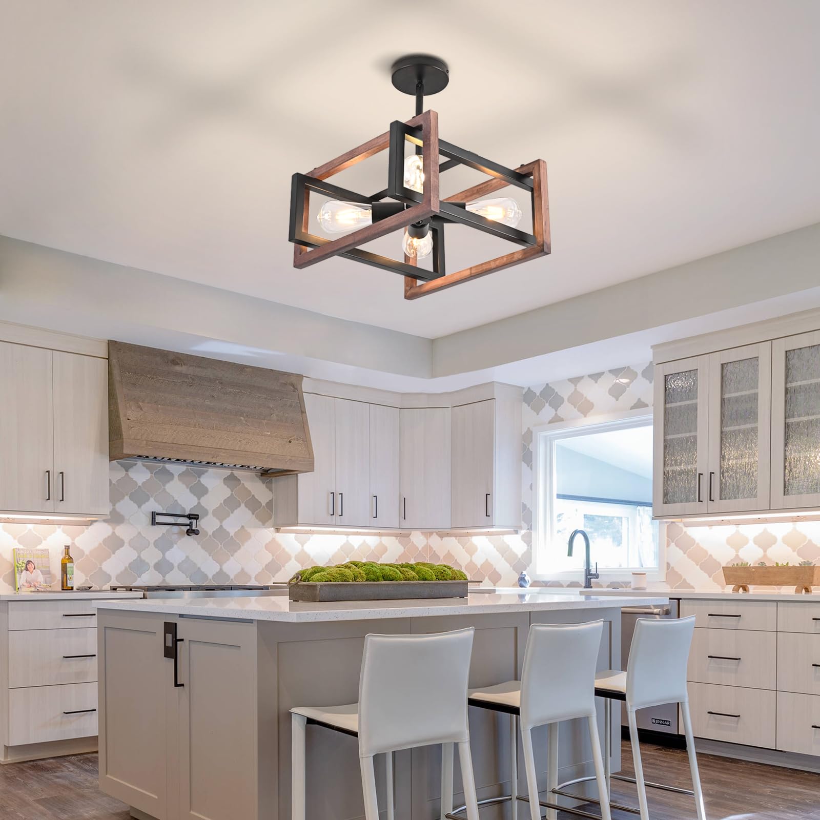 HuisMier 4-Light Farmhouse Ceiling Light Fixture - Rustic Wood & Metal Semi-Flush Mount Chandelier in Black - Industrial Style Lighting for Dining Room, Kitchen, Bedroom, Living Room, Hallway & Entryway - Perfect for Farmhouse, Industrial & Rustic Home Decor