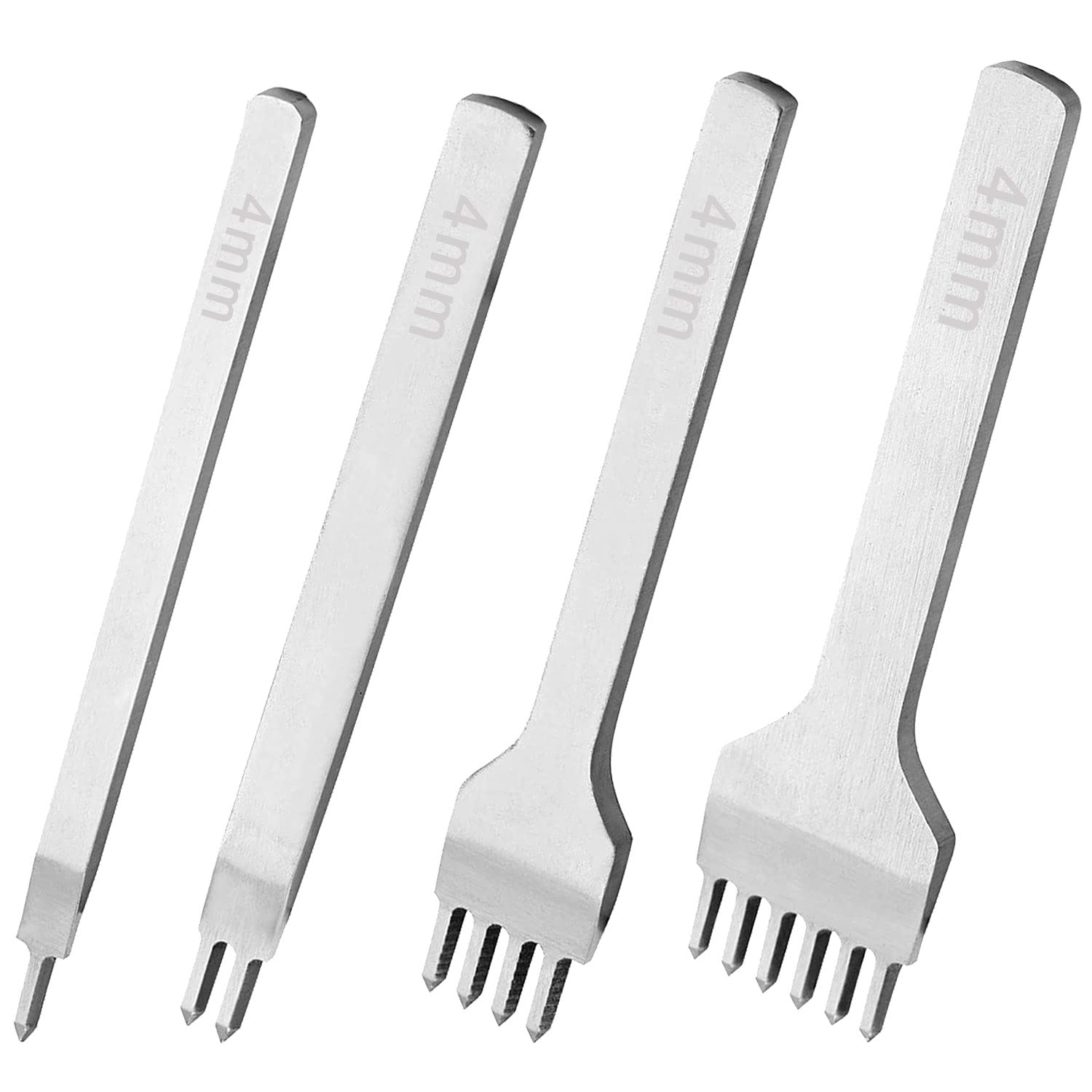 JONMON 4mm Diamond Hole Lacing Chisel Set - 1/2/4/6 Prong Leather Punch Tool with Rhombus Teeth for Leathercraft, DIY Stitching, Bag Making, Shoe Repair & Wallet Crafting - 4Pcs Leather Sewing Supplies