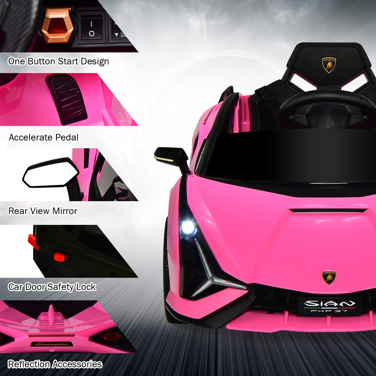 INFANS 12V Licensed Lamborghini Sian Kids Electric Ride-On Car with Parent Remote Control - Spring Suspension, MP3 Player & Carbon Fiber Texture - Pink Toddler Toy Roadster for Birthday Gifts & Outdoor Play