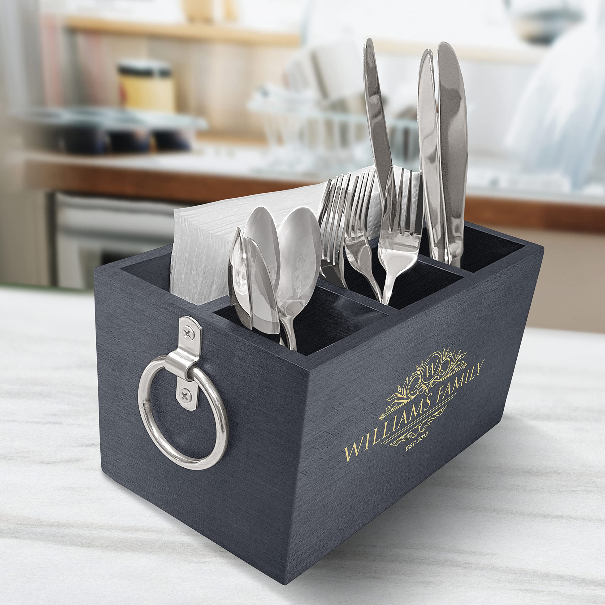 Personalized Wooden Utensil Storage Box - Traditional Kitchen Caddy Organizer for Spoons & Forks - Perfect for Wedding Gifts & Home Organization