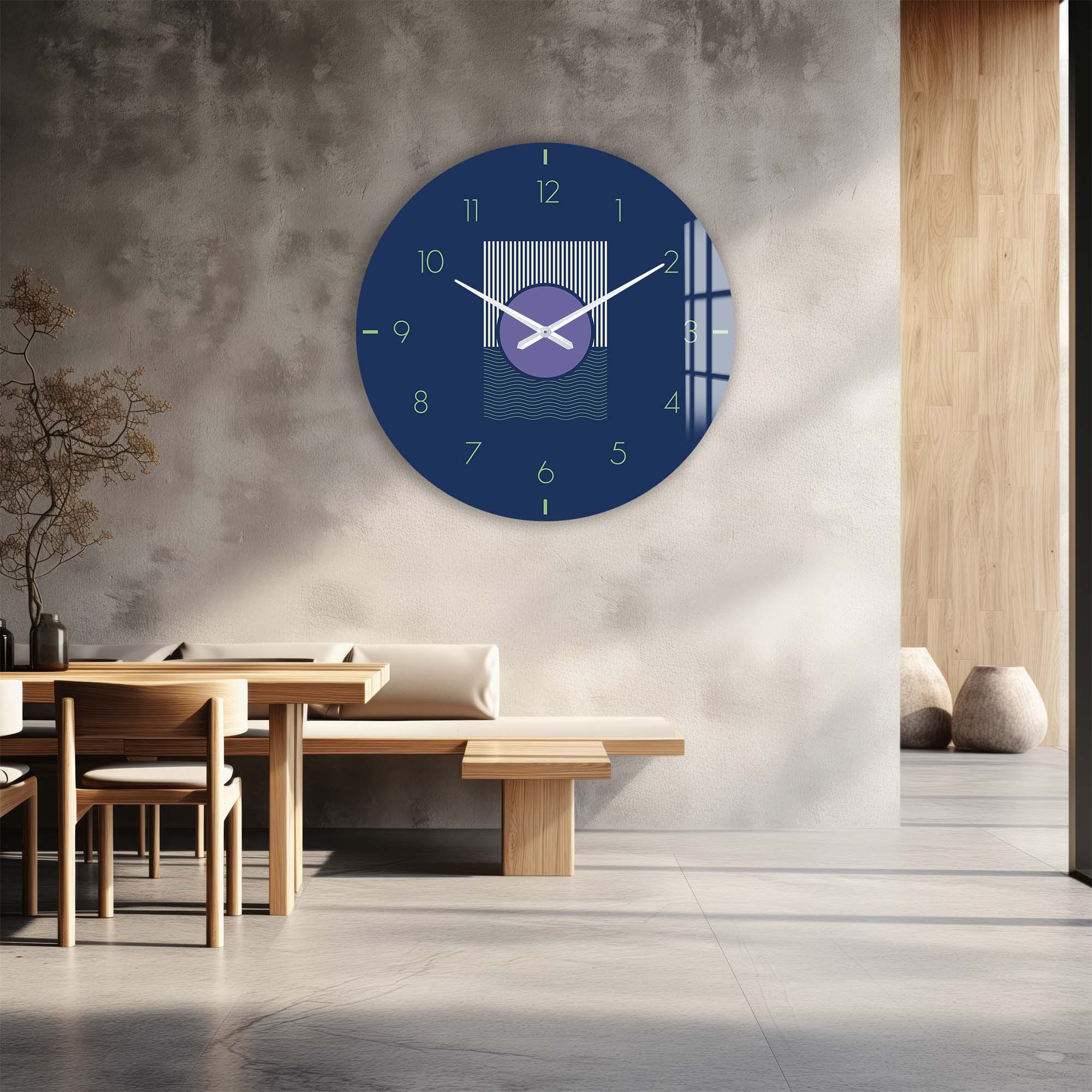 Navy Blue Glass Wall Clock - Modern Decorative Clock for Living Room, Bedroom & Office - Silent Non-Ticking Battery Operated