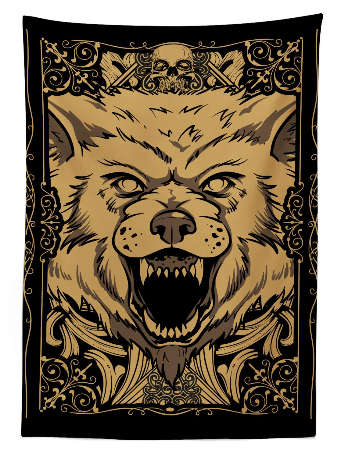 Ambesonne Wolf Themed Outdoor Tablecloth - Angry Carnivore Animal Face with Skull Design, Decorative Washable Picnic Table Cover 58