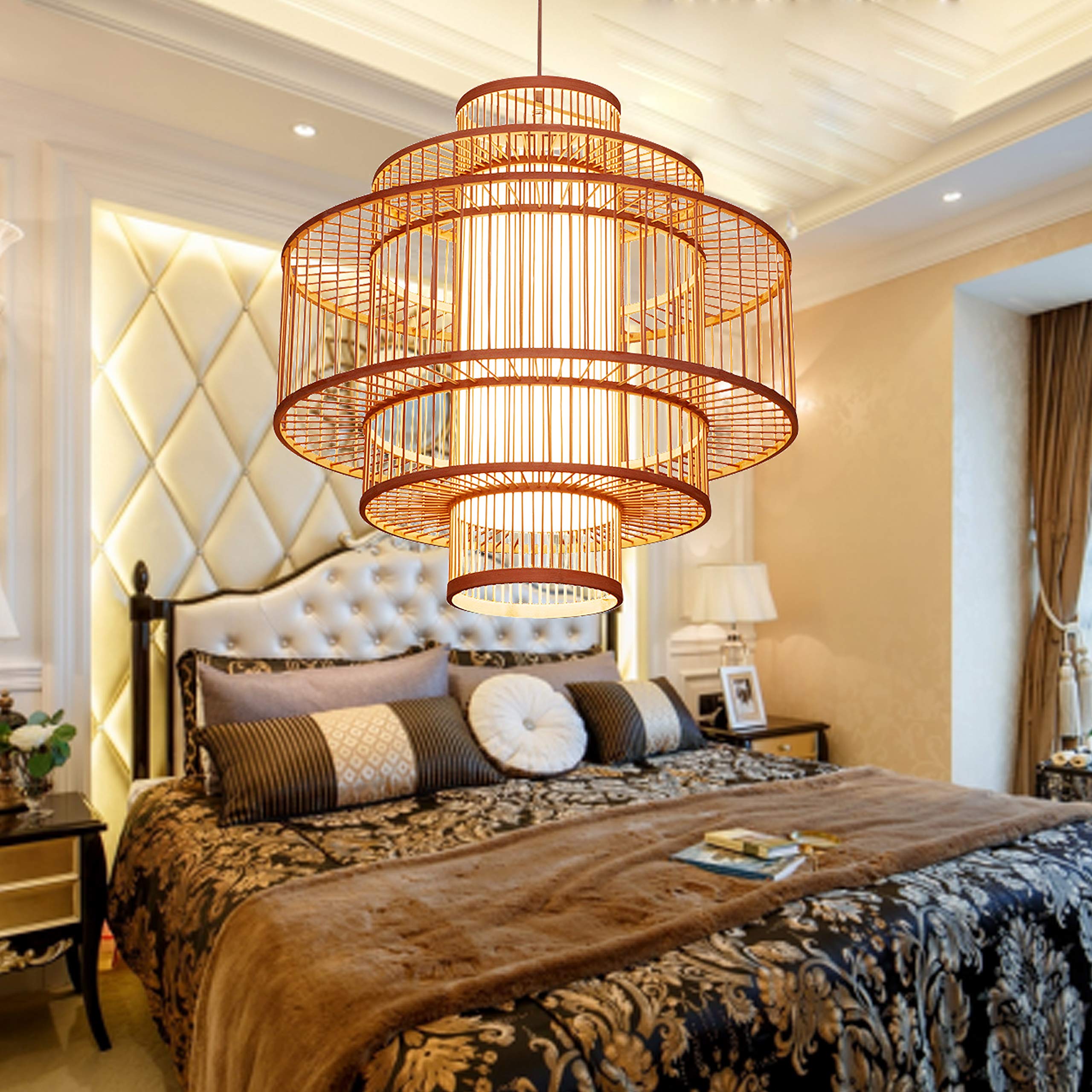 Vintage Japanese Style Bamboo Lantern Pendant Light - E30 Chandelier Hanging Ceiling Lamp for Living Room, Bedroom, Restaurant & Cafe | Perfect for Boho Decor, Zen Spaces & Asian-Inspired Interiors