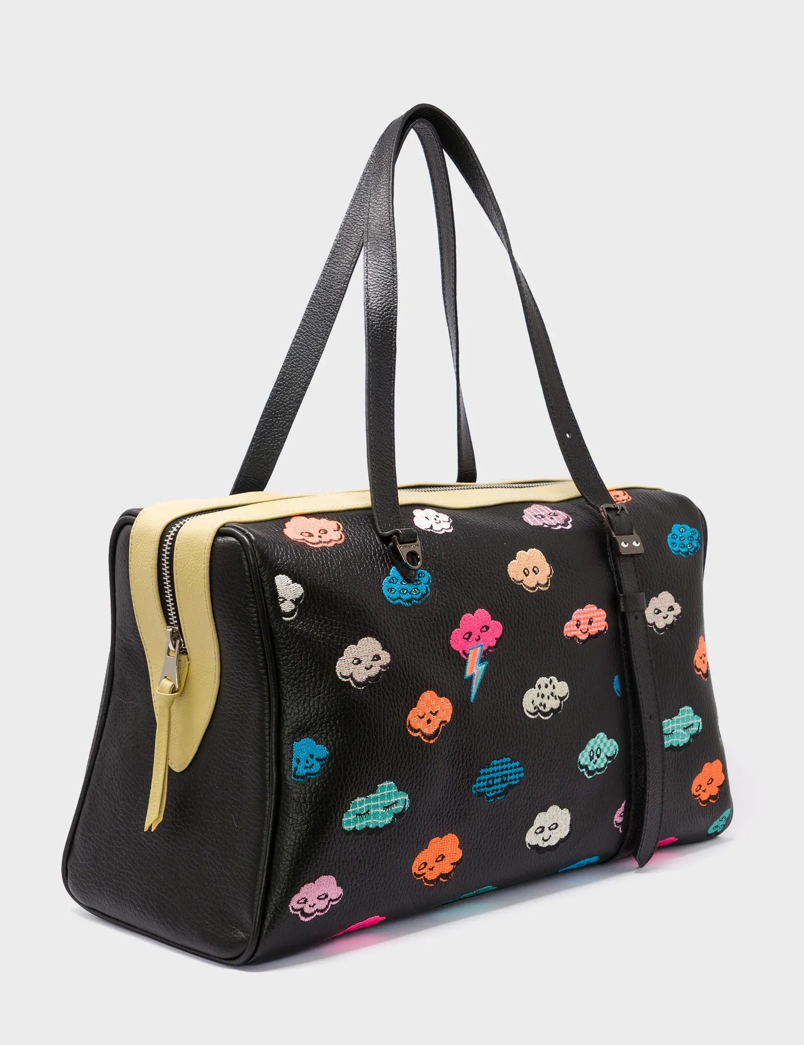 Esther Large Black Duffle Bag with Happy Clouds Design - Spacious Travel Duffel for Gym, Weekend Trips & Outdoor Adventures