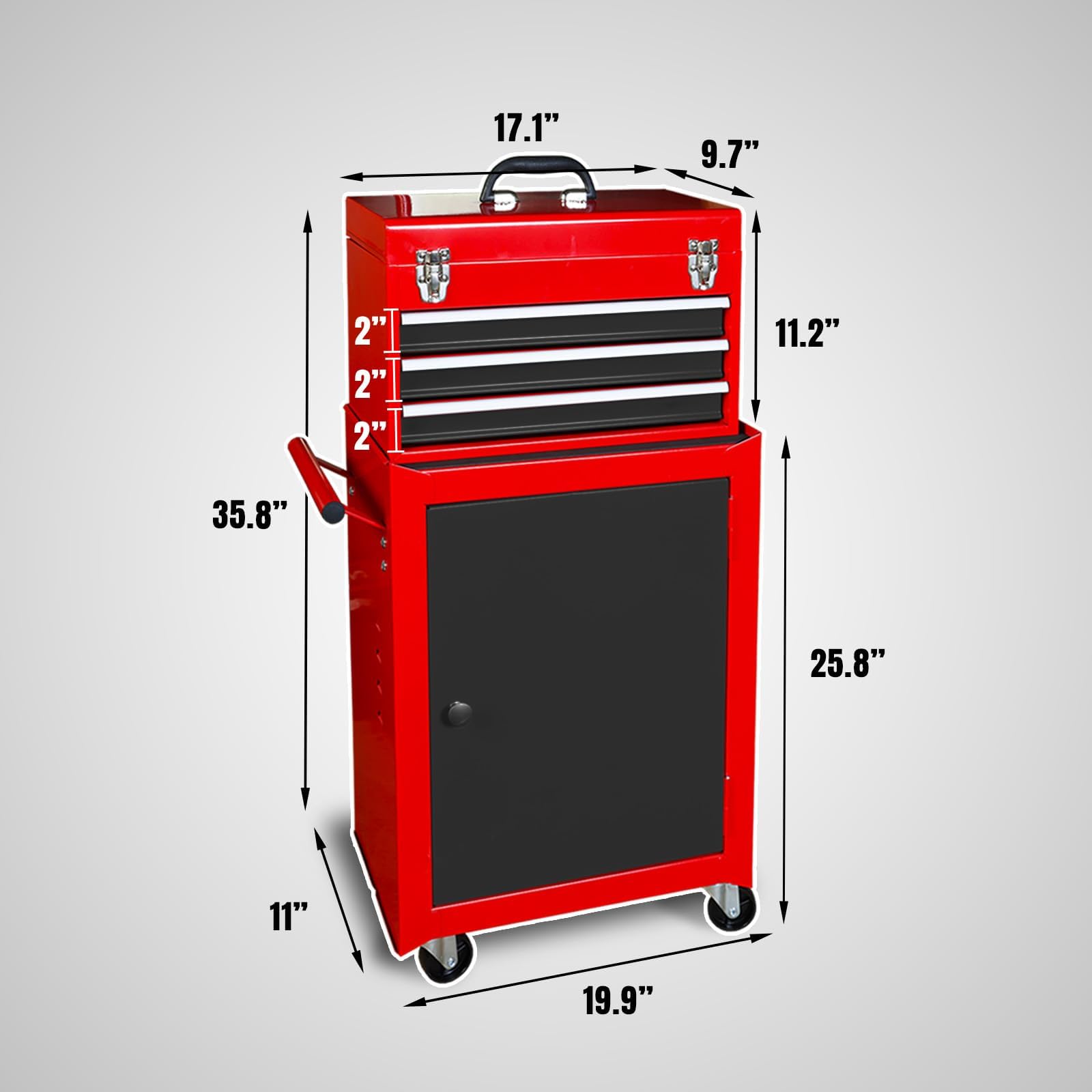 BIG RED ATBD134R-RB-4 Torin Rolling Tool Chest - 3 Drawer Workshop Organizer with Detachable Storage Cabinet & Adjustable Shelf, Red/Black - Perfect for Garage, Workshop & DIY Projects